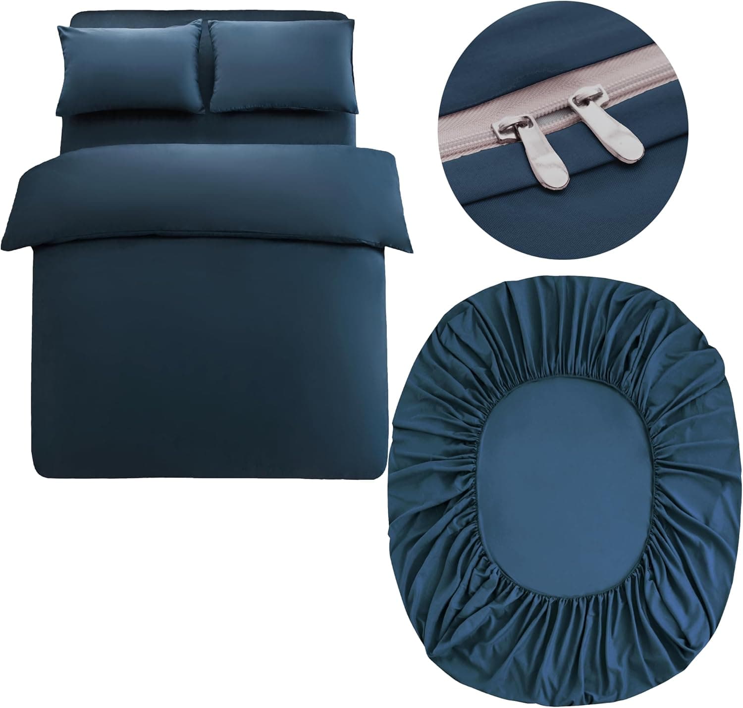 Warm Bedding Set and Fitted Sheet Double Size 110GSM 4 Pieces Brushed Microfiber with 1 Duvet Cover with 2 zippers 2 Pillowcases and 1 Fitted Sheet Navy 3
