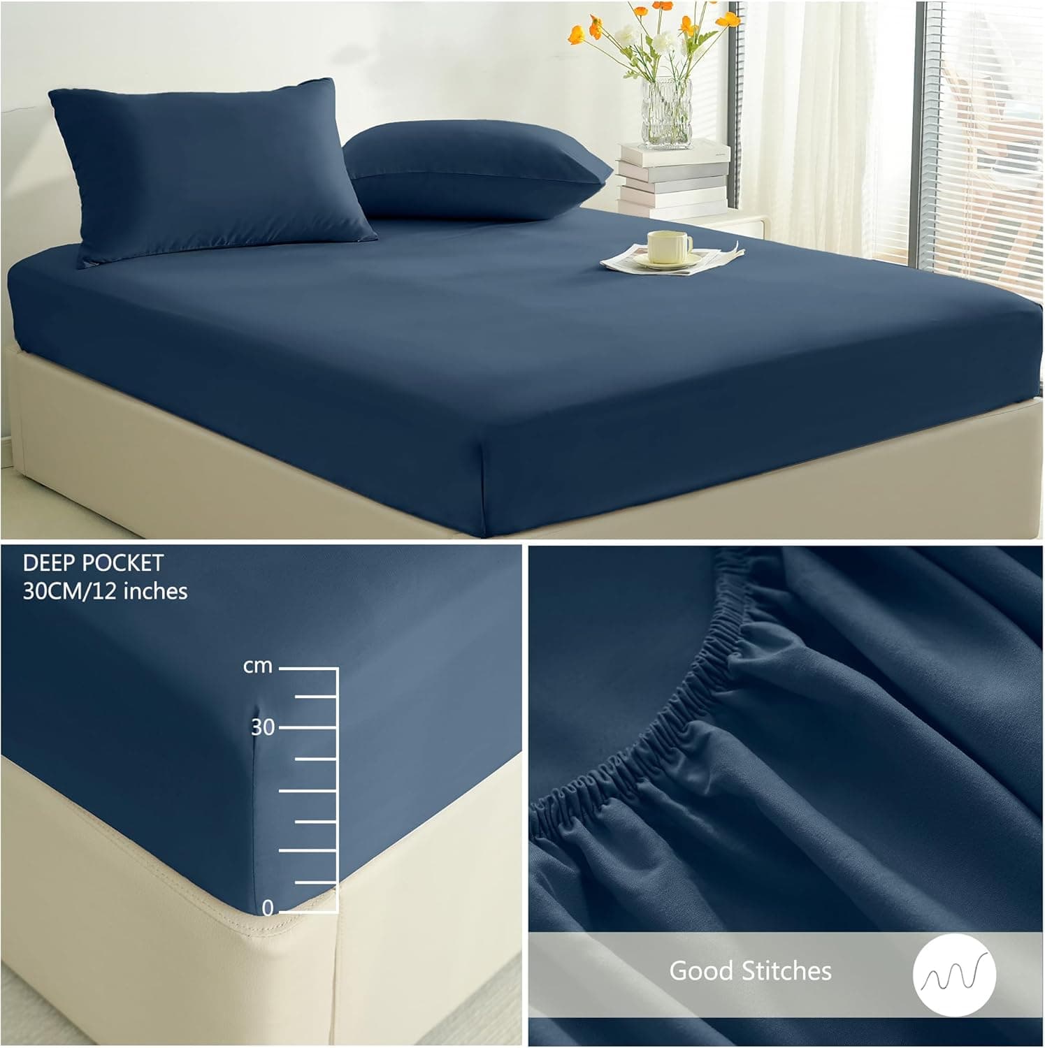 Warm Bedding Set and Fitted Sheet Double Size 110GSM 4 Pieces Brushed Microfiber with 1 Duvet Cover with 2 zippers 2 Pillowcases and 1 Fitted Sheet Navy 6