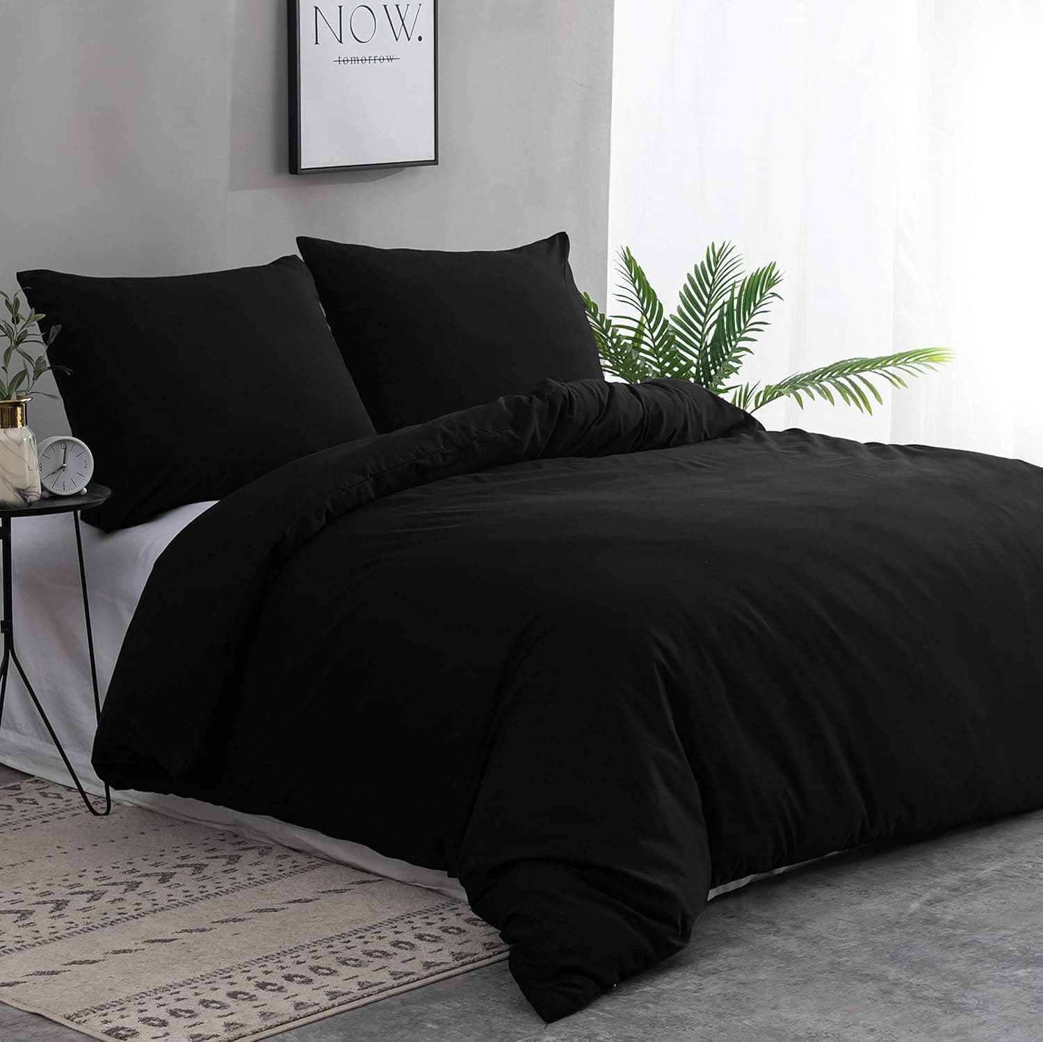 MOHAP Parure de Lit 4 Pièces Housse de Couette 240x260cm + Drap Housse 180x200cm avec 2 taies d'oreillers 65x65cm Noir pour 2 Personnes Parure 120 Fils/cm² en Microfibre 2