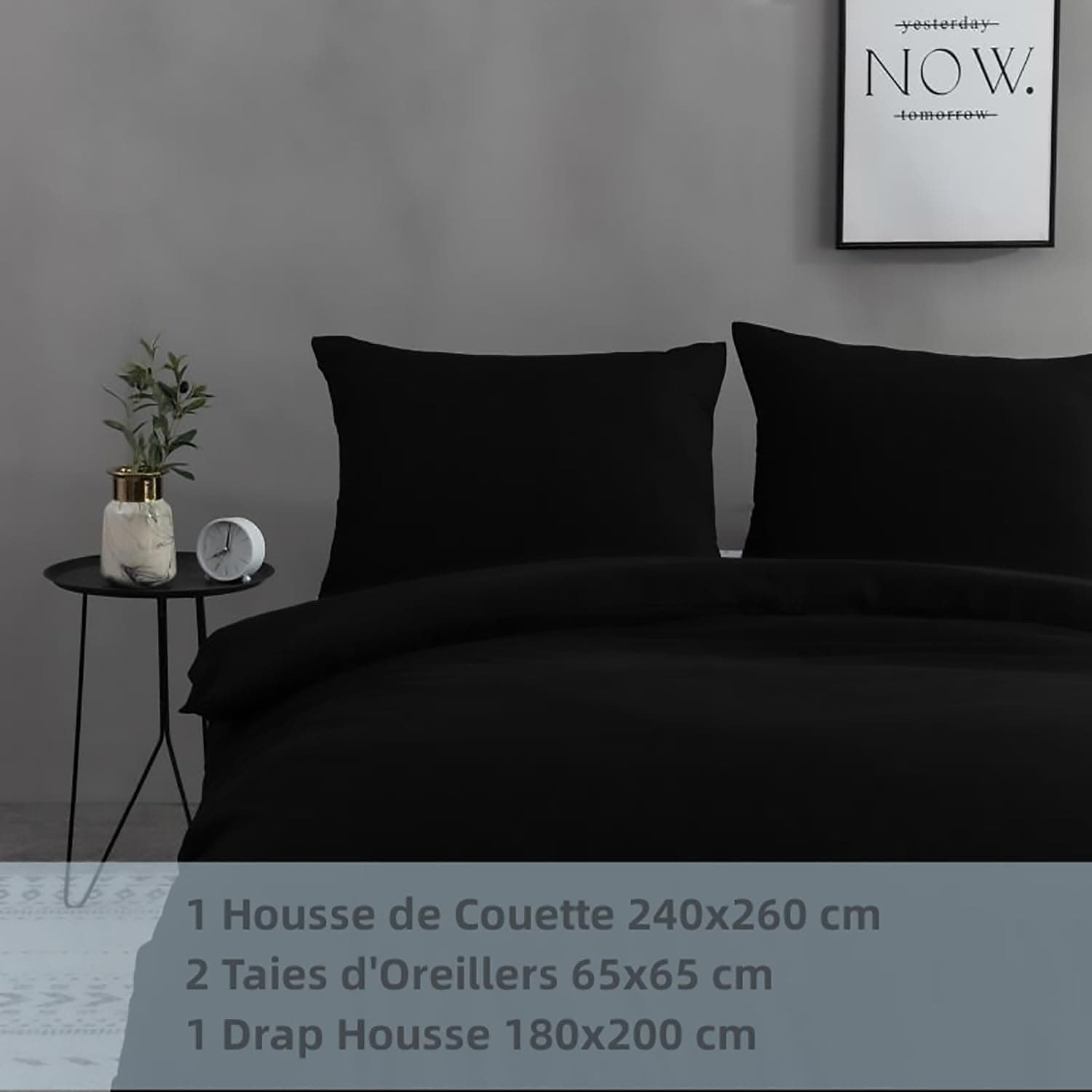 MOHAP Parure de Lit 4 Pièces Housse de Couette 240x260cm + Drap Housse 180x200cm avec 2 taies d'oreillers 65x65cm Noir pour 2 Personnes Parure 120 Fils/cm² en Microfibre 8