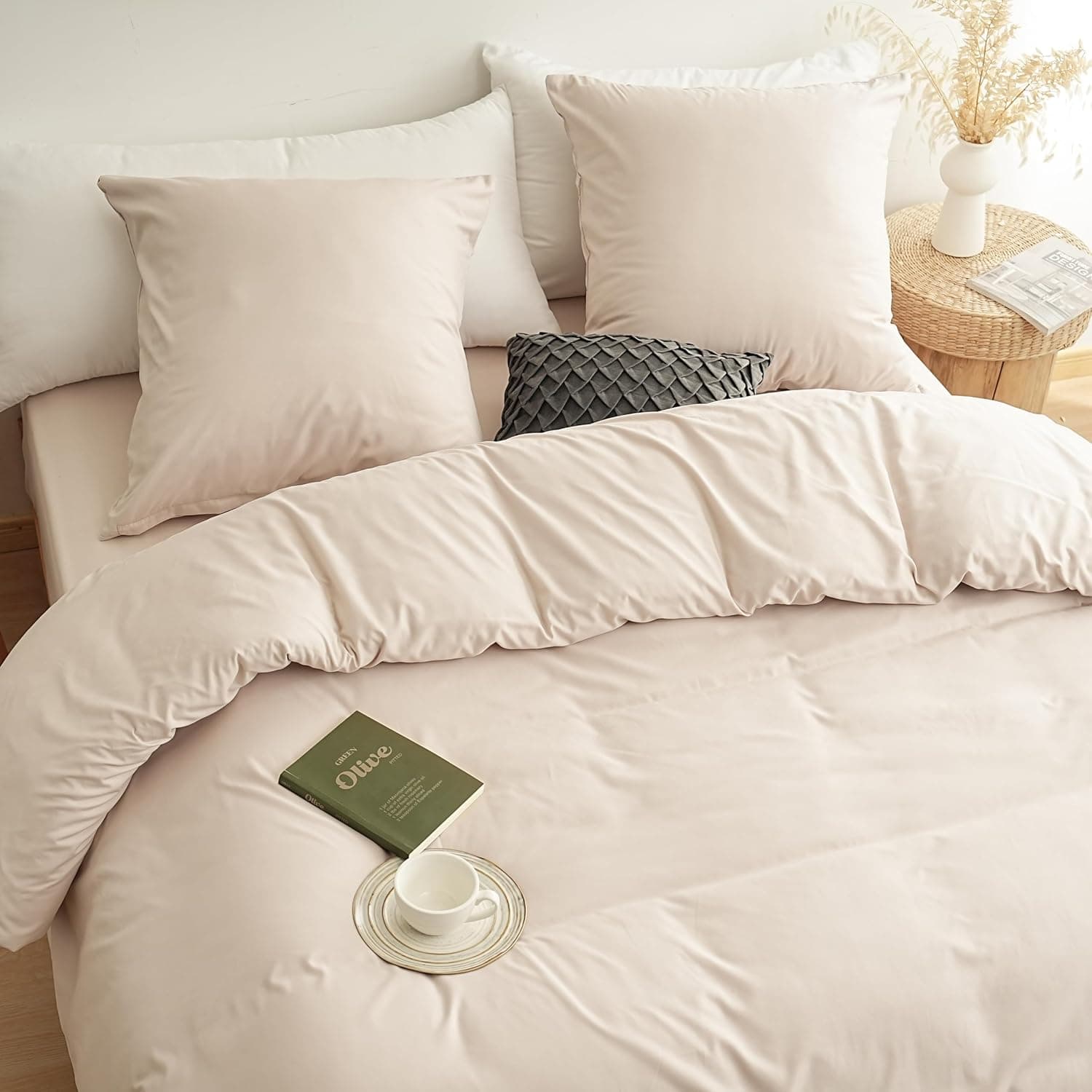 MOHAP Parure de Lit 4 Pièces Housse de Couette 200x200cm + Drap Housse 140x190/200cm avec 2 taies d'oreillers 65x65cm Beige pour 2 Personnes Parure 120 Fils/cm² en Microfibre 8