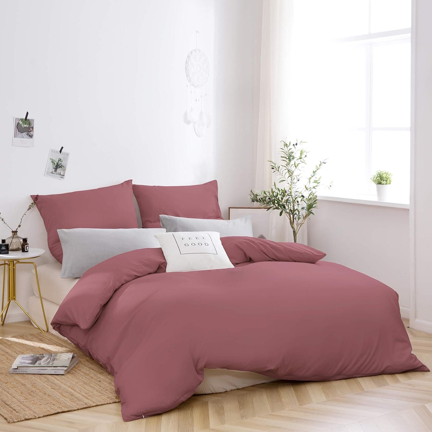 MOHAP Housse de Couette 220x240cm+2 Taies d'oreillers 65x65cm Vieux Rose Parure de Lit Adulte 2 Personnes 100 Fils/cm² en Microfibre avec Fermeture Éclair 3