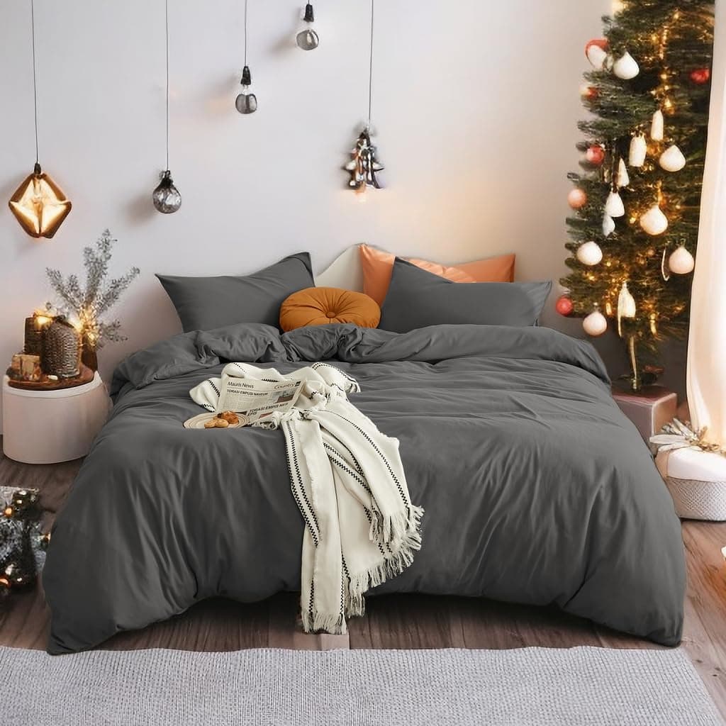 MOHAP Housse de Couette 200x200cm+2 Taies d'oreillers 65x65cm Gris Parure de Lit Adulte 2 Personnes 100 Fils/cm² en Microfibre avec Fermeture Éclair