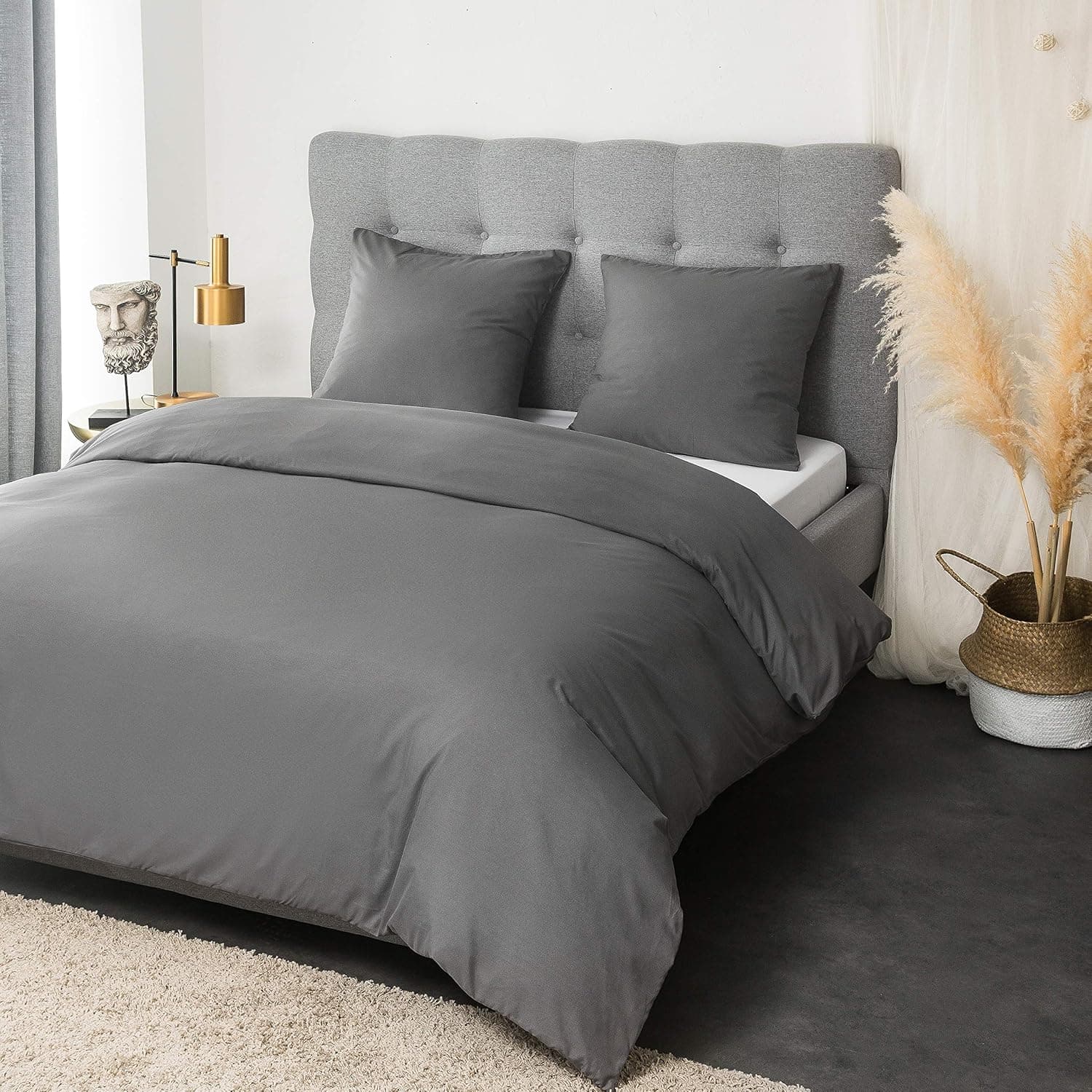 MOHAP Housse de Couette 200x200cm+2 Taies d'oreillers 65x65cm Gris Parure de Lit Adulte 2 Personnes 100 Fils/cm² en Microfibre avec Fermeture Éclair 2