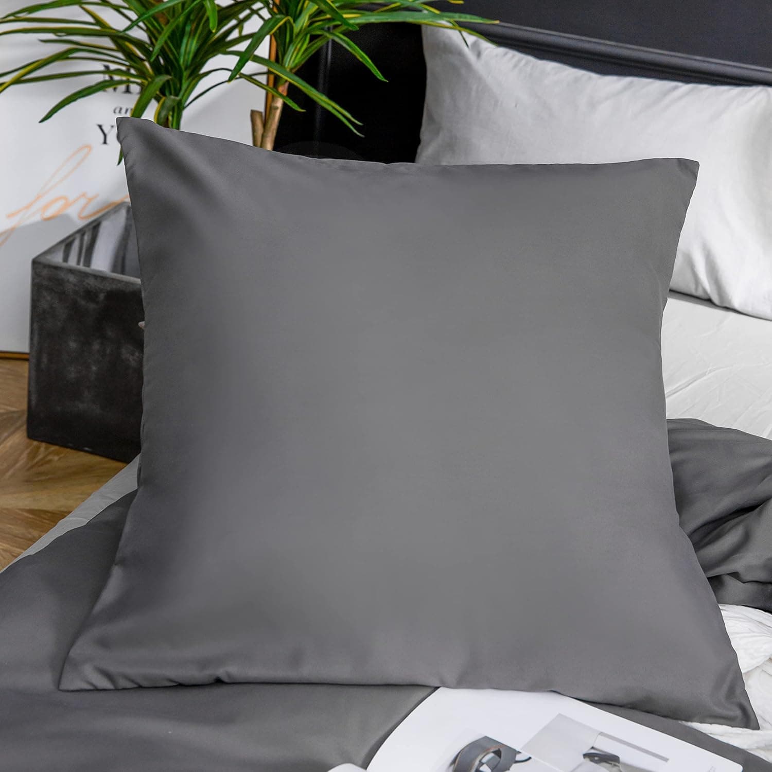 MOHAP Housse de Couette 200x200cm+2 Taies d'oreillers 65x65cm Gris Parure de Lit Adulte 2 Personnes 100 Fils/cm² en Microfibre avec Fermeture Éclair 3