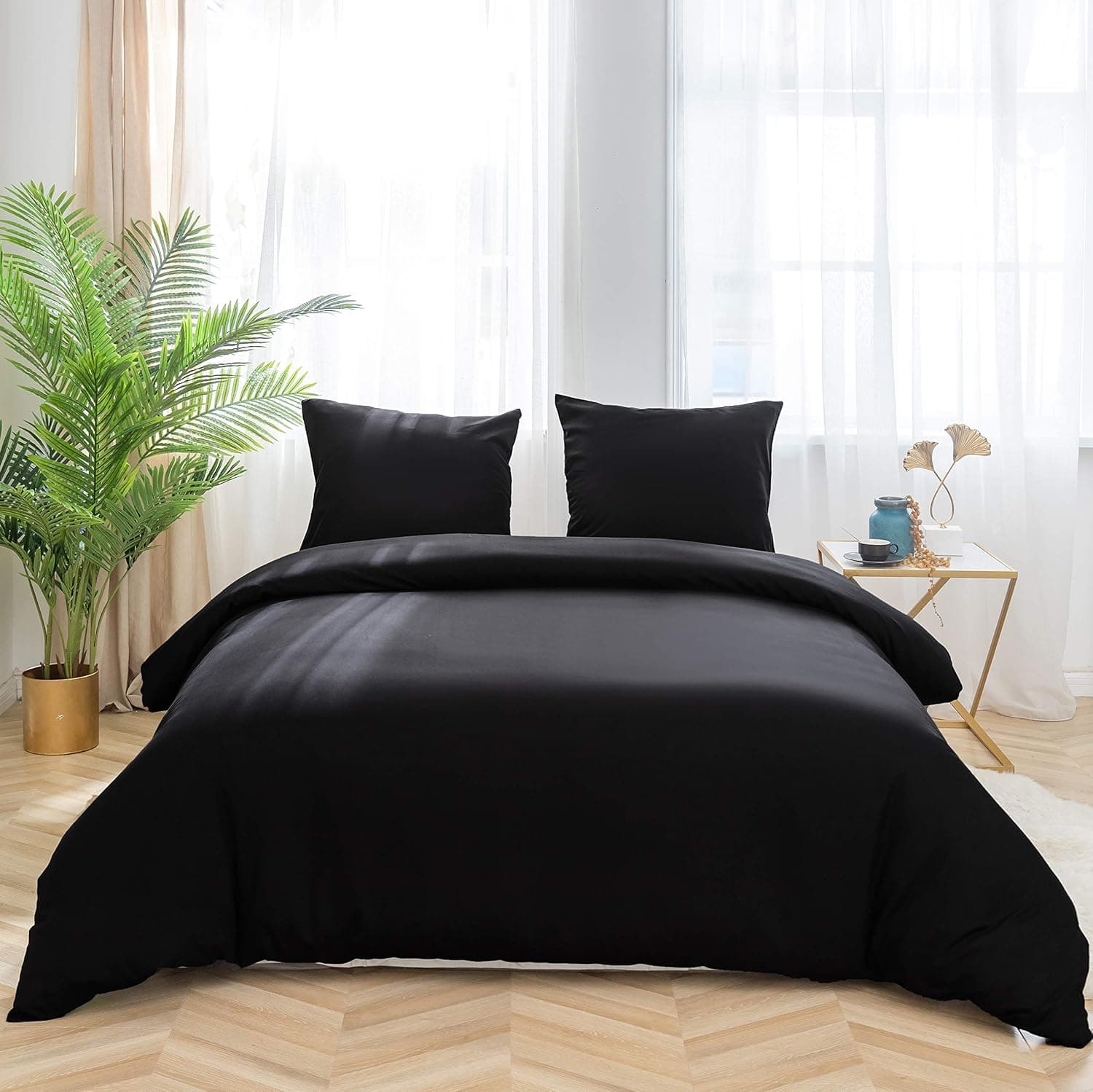 MOHAP Housse de Couette 200x200cm+2 Taies d'oreillers 65x65cm Noir Parure de Lit Adulte 2 Personnes 100 Fils/cm² en Microfibre avec Fermeture Éclair