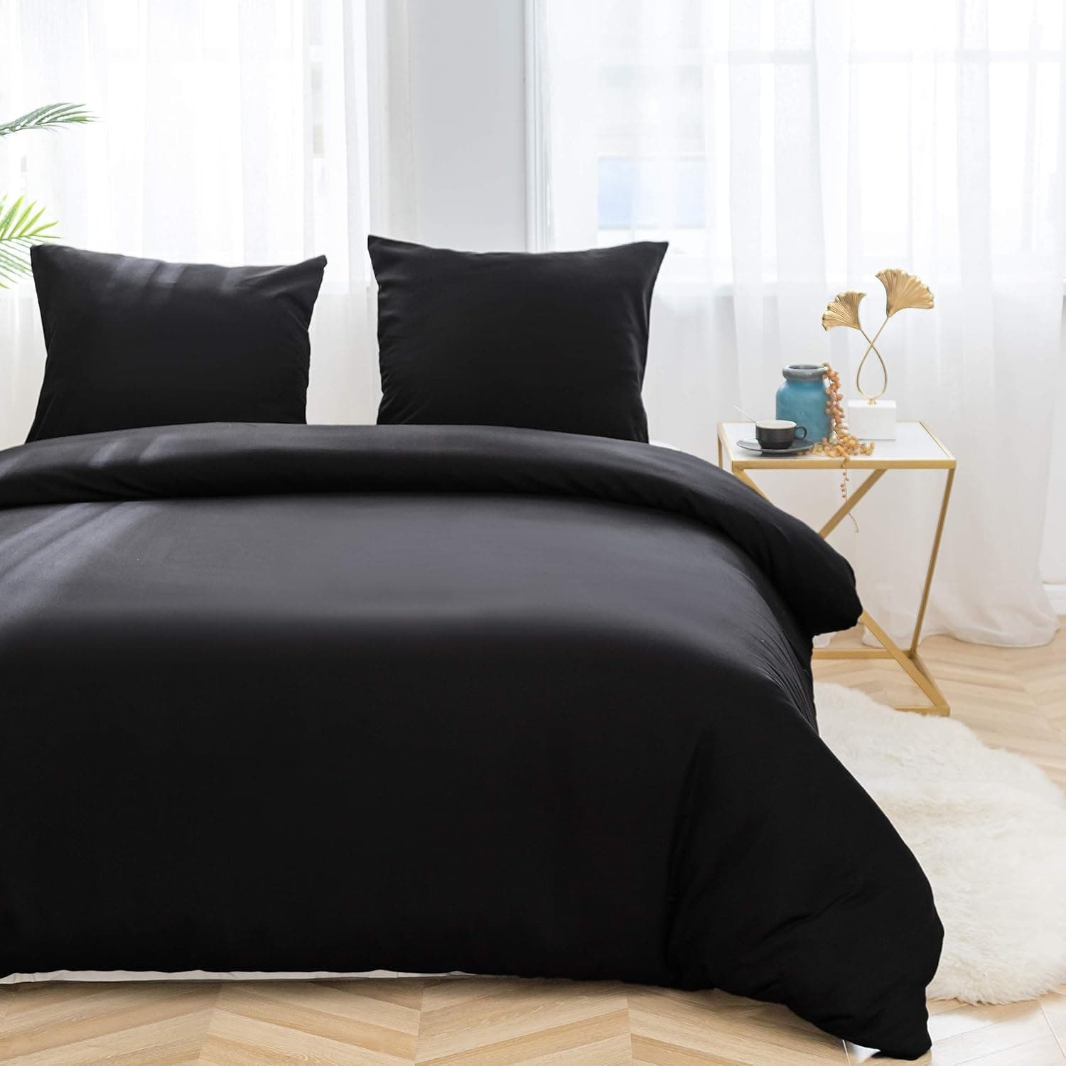 MOHAP Housse de Couette 200x200cm+2 Taies d'oreillers 65x65cm Noir Parure de Lit Adulte 2 Personnes 100 Fils/cm² en Microfibre avec Fermeture Éclair 2
