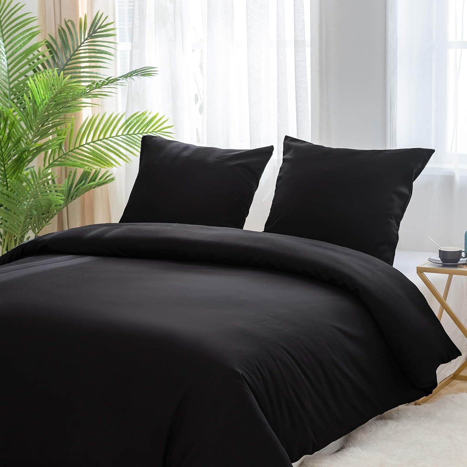 MOHAP Housse de Couette 200x200cm+2 Taies d'oreillers 65x65cm Noir Parure de Lit Adulte 2 Personnes 100 Fils/cm² en Microfibre avec Fermeture Éclair 3