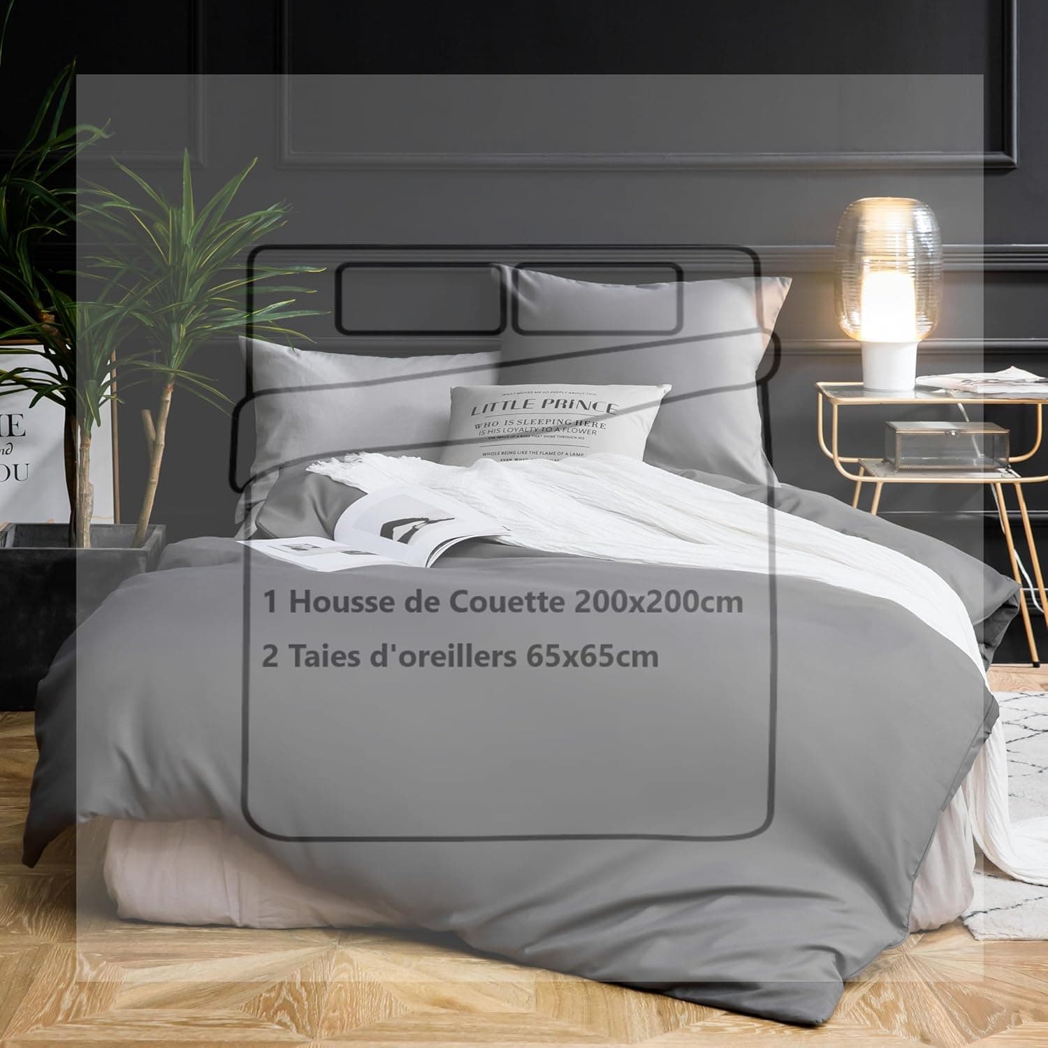 MOHAP Housse de Couette 200x200cm+2 Taies d'oreillers 65x65cm Noir Parure de Lit Adulte 2 Personnes 100 Fils/cm² en Microfibre avec Fermeture Éclair 5