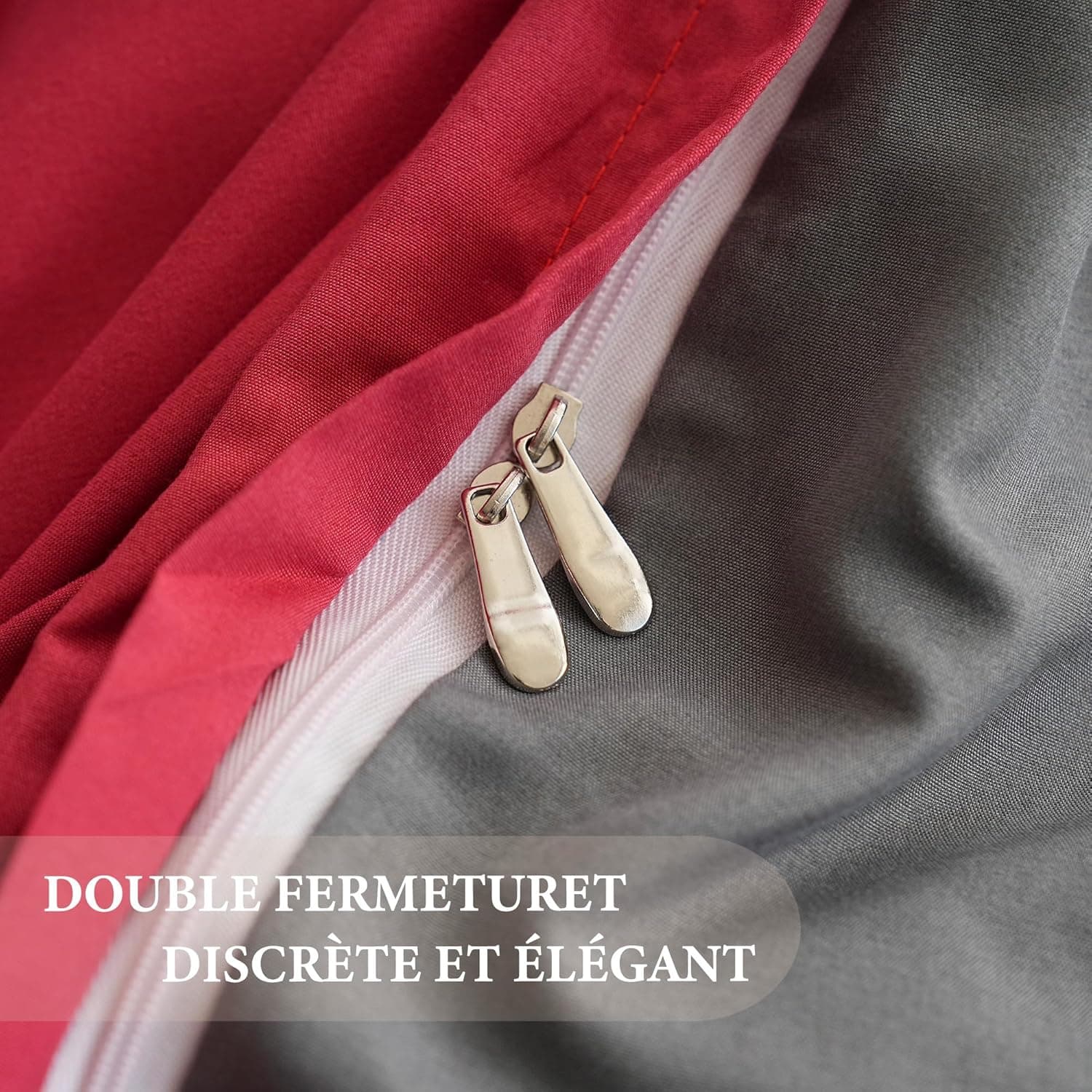 MOHAP Parure de Lit Réversible avec Fermeture éclair Microfibre 220x240 cm Rouge + Gris Foncé et 2 Taies d'oreiller 65x65 cm Housse de Couette Adulte 7
