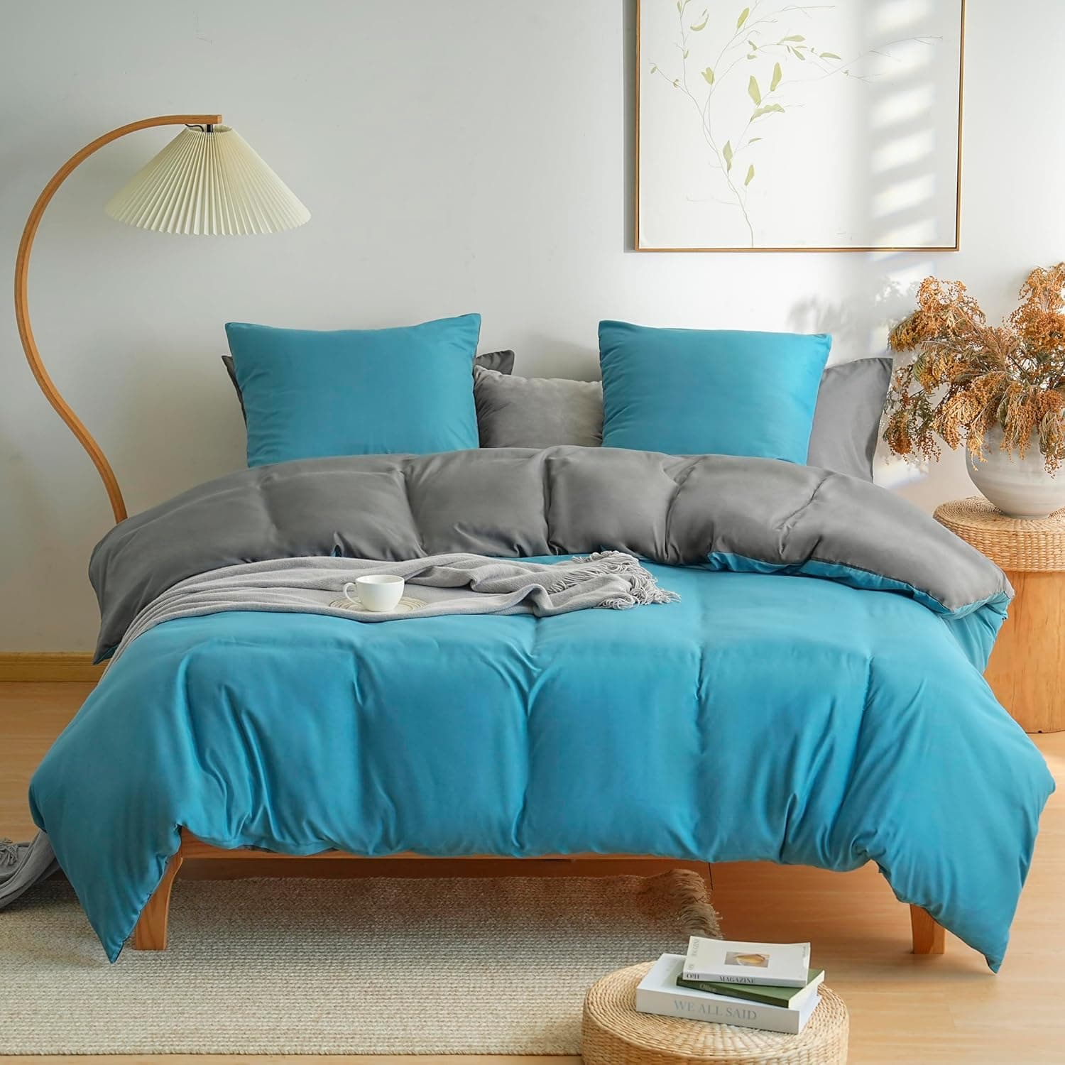 MOHAP Parure de Lit Réversible avec Fermeture éclair Microfibre 220x240 cm Bleu Lac + Gris Foncé et 2 Taies d'oreiller 65x65 cm Housse de Couette Adulte