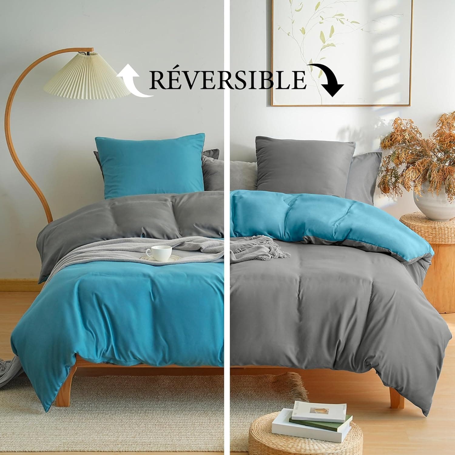 MOHAP Parure de Lit Réversible avec Fermeture éclair Microfibre 220x240 cm Bleu Lac + Gris Foncé et 2 Taies d'oreiller 65x65 cm Housse de Couette Adulte 2