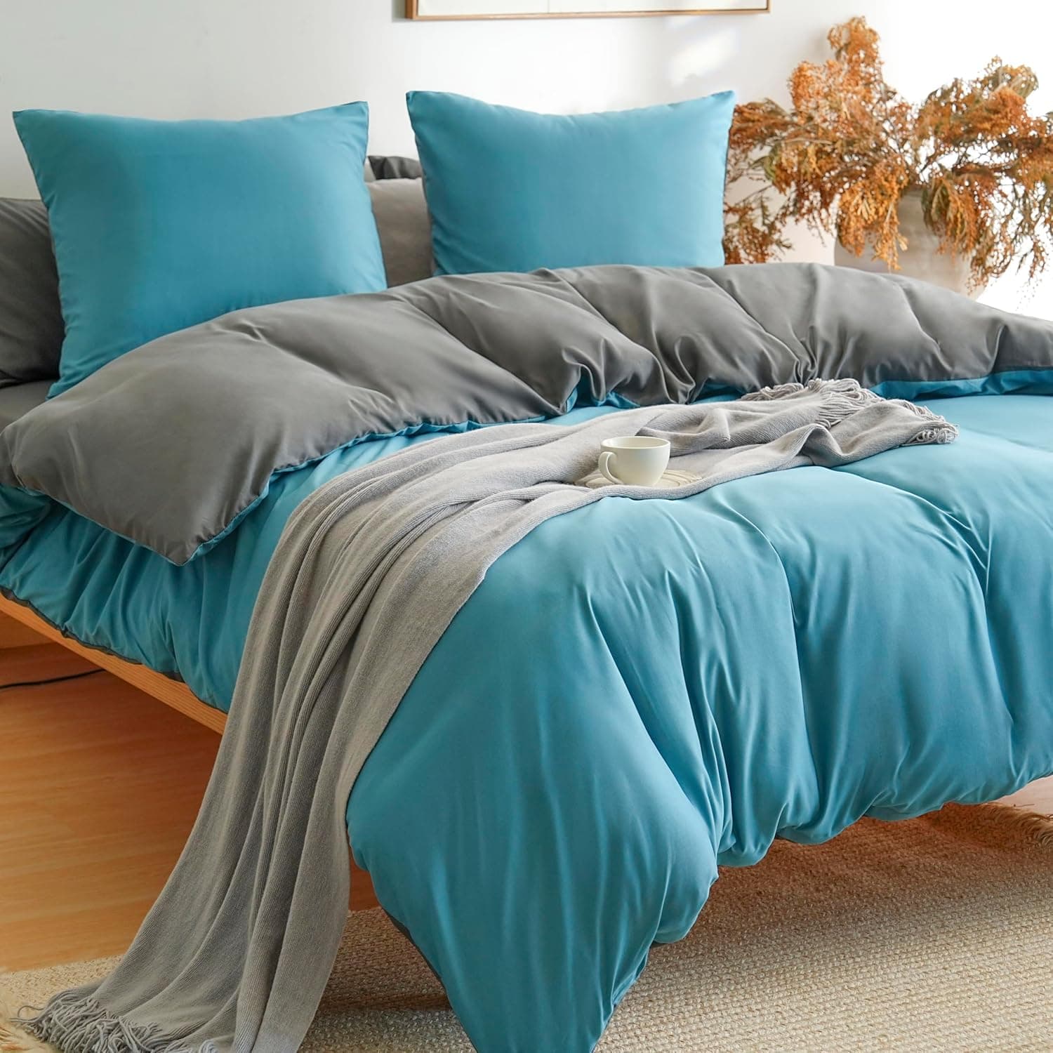 MOHAP Parure de Lit Réversible avec Fermeture éclair Microfibre 220x240 cm Bleu Lac + Gris Foncé et 2 Taies d'oreiller 65x65 cm Housse de Couette Adulte 3