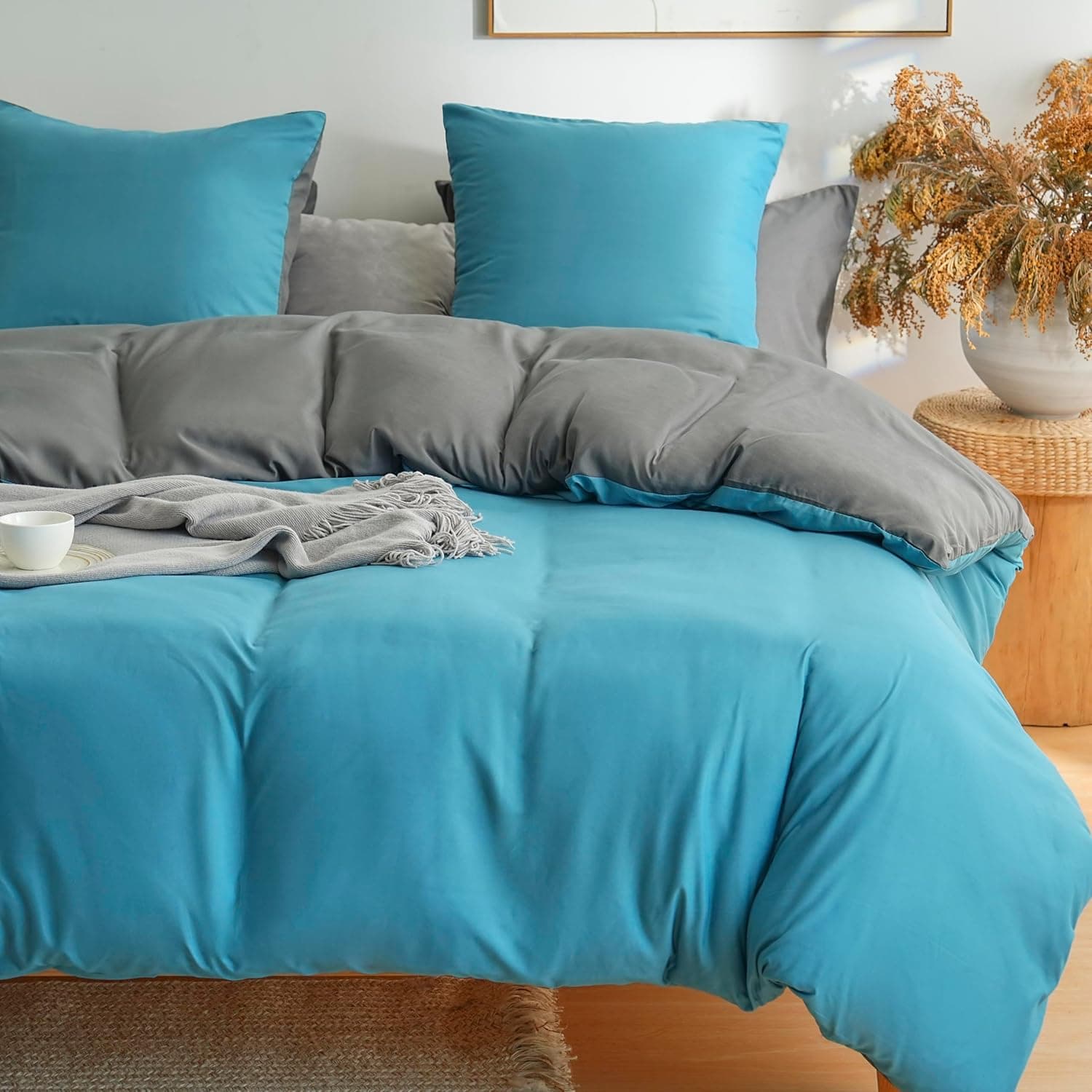 MOHAP Parure de Lit Réversible avec Fermeture éclair Microfibre 220x240 cm Bleu Lac + Gris Foncé et 2 Taies d'oreiller 65x65 cm Housse de Couette Adulte 4