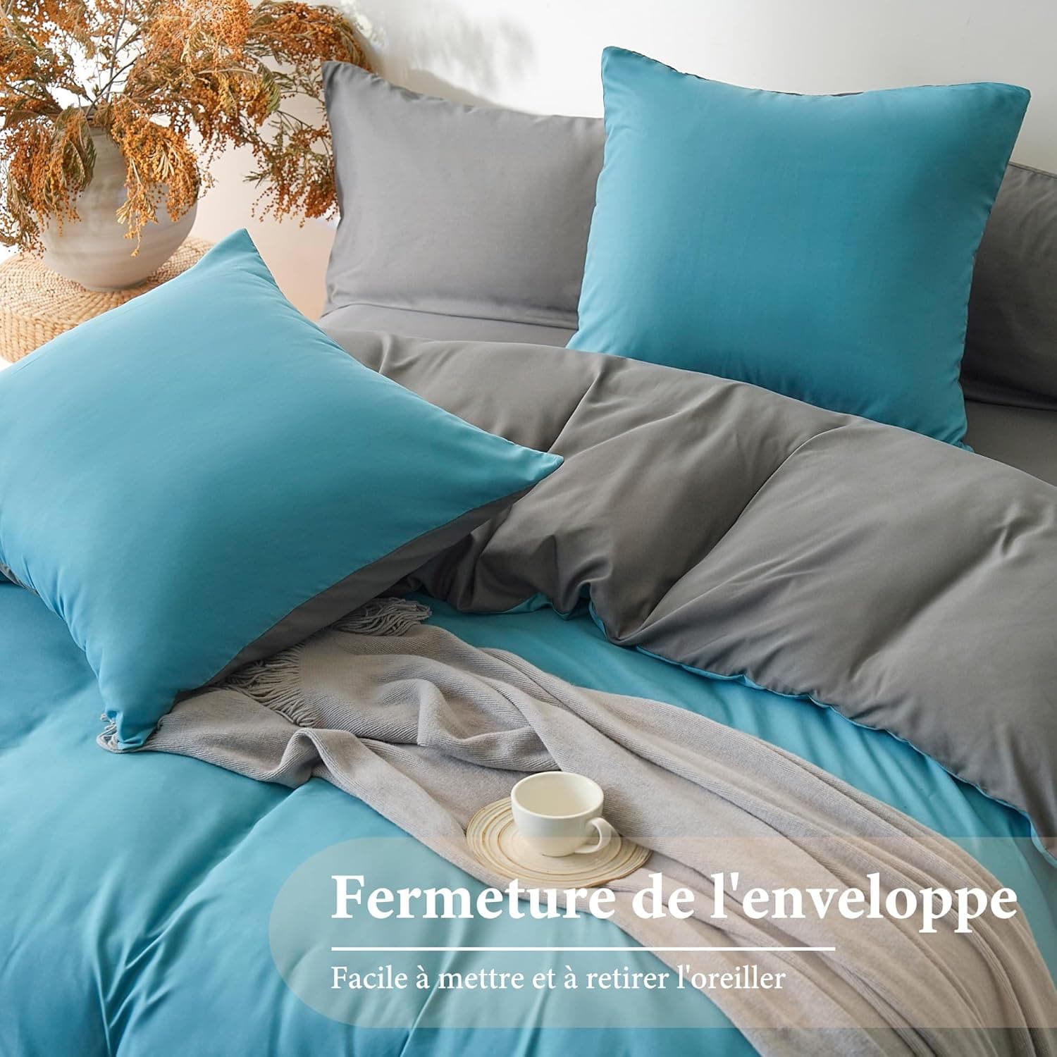 MOHAP Parure de Lit Réversible avec Fermeture éclair Microfibre 220x240 cm Bleu Lac + Gris Foncé et 2 Taies d'oreiller 65x65 cm Housse de Couette Adulte 5