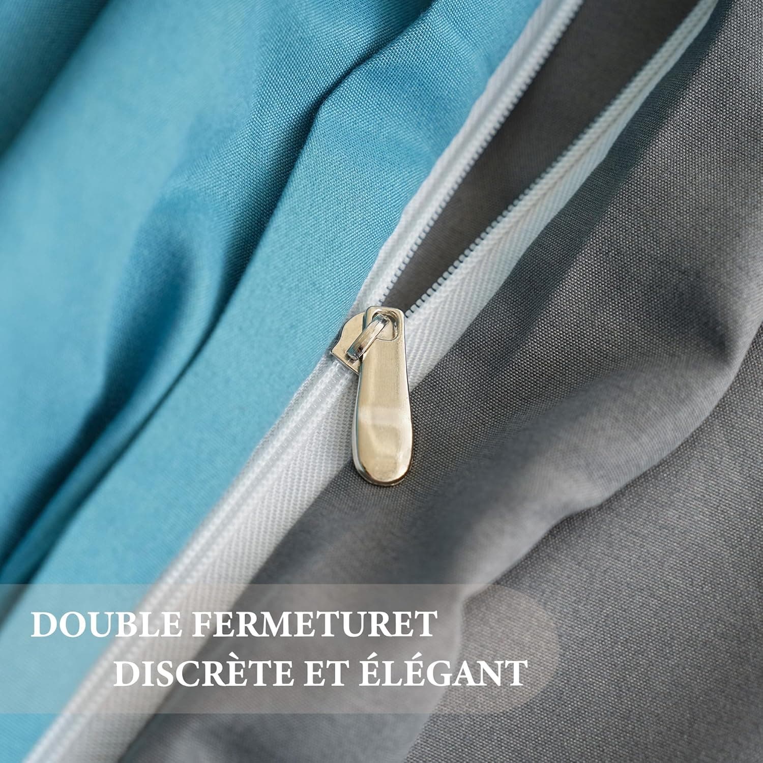 MOHAP Parure de Lit Réversible avec Fermeture éclair Microfibre 220x240 cm Bleu Lac + Gris Foncé et 2 Taies d'oreiller 65x65 cm Housse de Couette Adulte 7