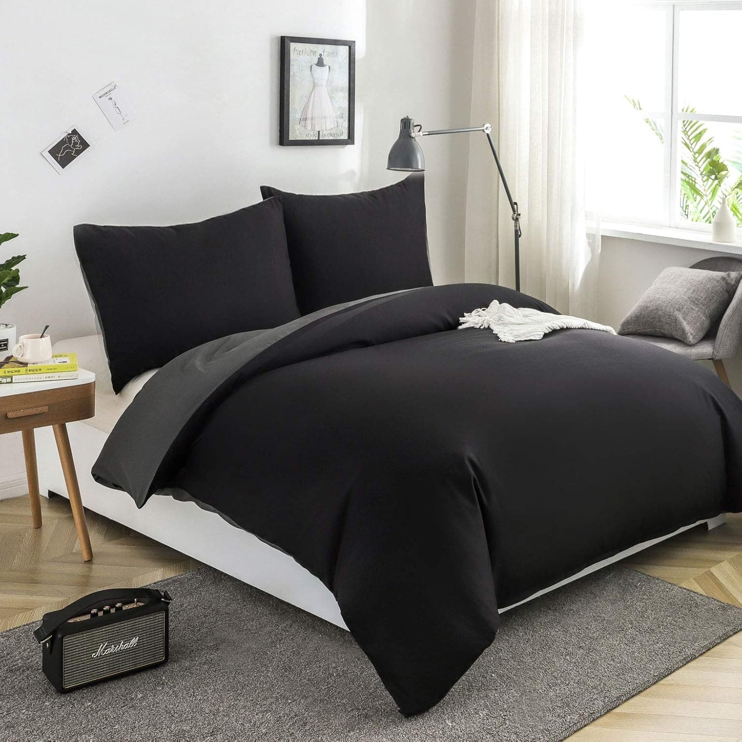 MOHAP Parure de Lit Réversible avec Fermeture éclair Microfibre 220x240 cm Noir + Gris Foncé et 2 Taies d'oreiller 65x65 cm Housse de Couette Adulte