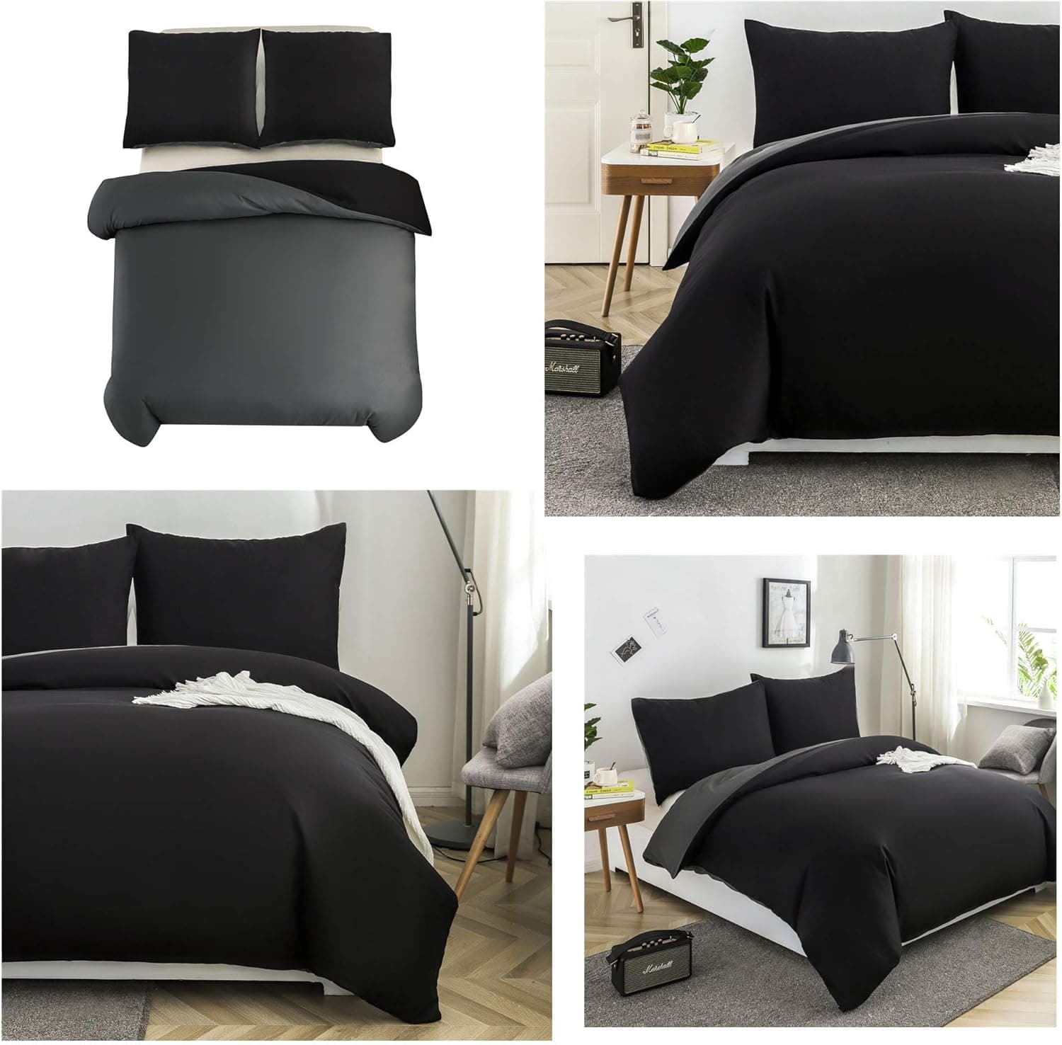 MOHAP Parure de Lit Réversible avec Fermeture éclair Microfibre 220x240 cm Noir + Gris Foncé et 2 Taies d'oreiller 65x65 cm Housse de Couette Adulte 4