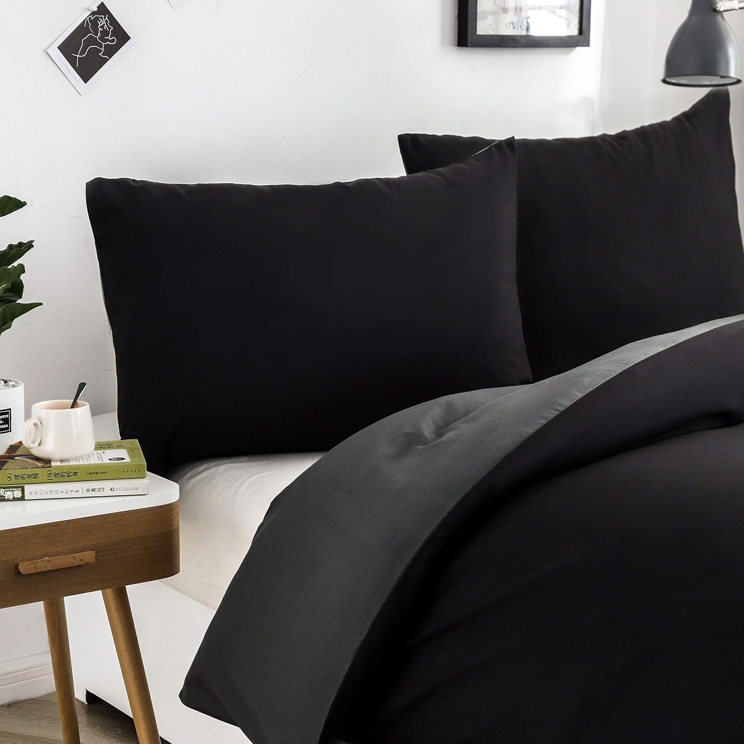 MOHAP Parure de Lit Réversible avec Fermeture éclair Microfibre 220x240 cm Noir + Gris Foncé et 2 Taies d'oreiller 65x65 cm Housse de Couette Adulte 5