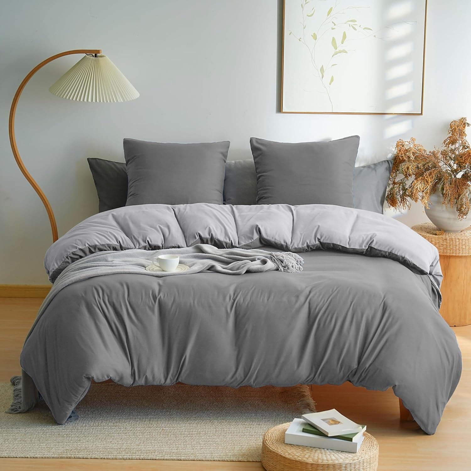 MOHAP Parure de Lit Réversible avec Fermeture éclair Microfibre 200x200 cm Gris Foncé + Gris et 2 Taies d'oreiller 65x65 cm Housse de Couette Adulte