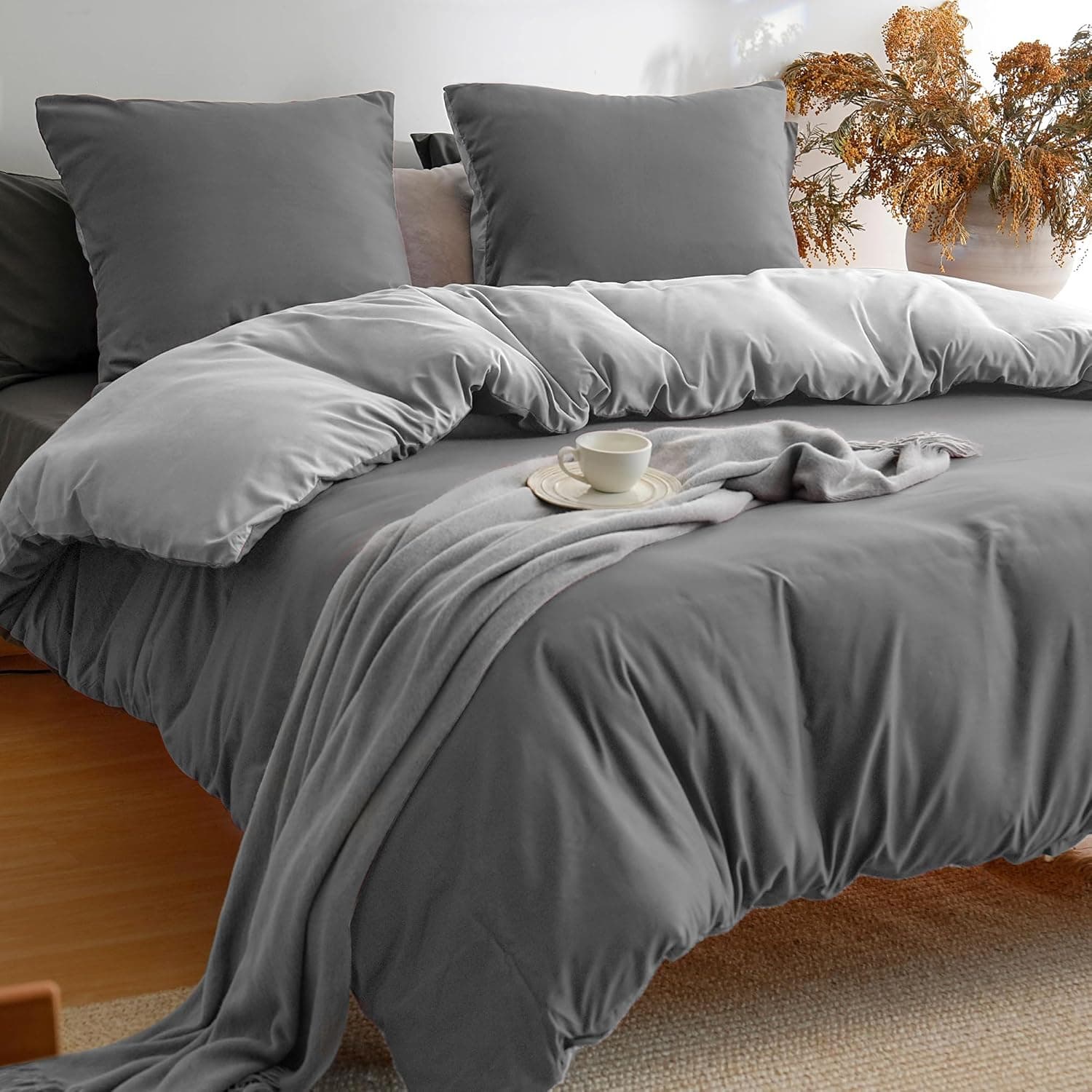 MOHAP Parure de Lit Réversible avec Fermeture éclair Microfibre 200x200 cm Gris Foncé + Gris et 2 Taies d'oreiller 65x65 cm Housse de Couette Adulte 3