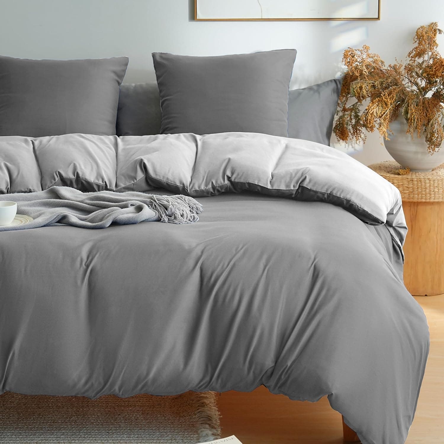 MOHAP Parure de Lit Réversible avec Fermeture éclair Microfibre 200x200 cm Gris Foncé + Gris et 2 Taies d'oreiller 65x65 cm Housse de Couette Adulte 4