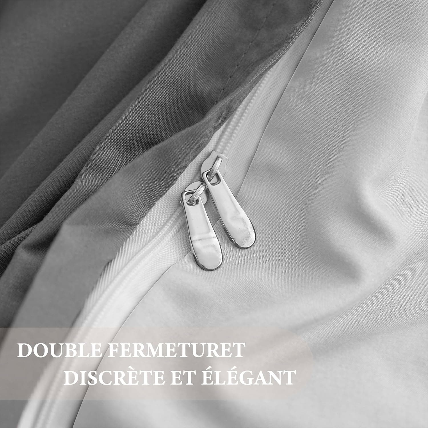MOHAP Parure de Lit Réversible avec Fermeture éclair Microfibre 200x200 cm Gris Foncé + Gris et 2 Taies d'oreiller 65x65 cm Housse de Couette Adulte 7