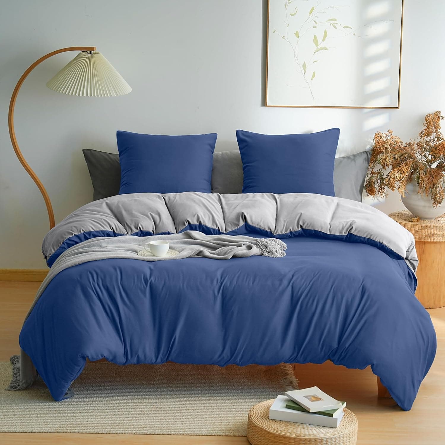 Parure de Lit Réversible avec Fermeture éclair Microfibre 220x240 cm Marine + Gris et 2 Taies d'oreiller 65x65 cm Housse de Couette Adulte