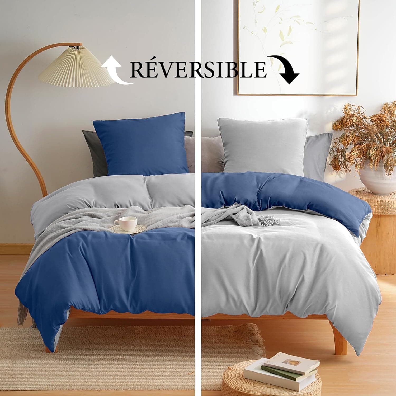 Parure de Lit Réversible avec Fermeture éclair Microfibre 220x240 cm Marine + Gris et 2 Taies d'oreiller 65x65 cm Housse de Couette Adulte 2