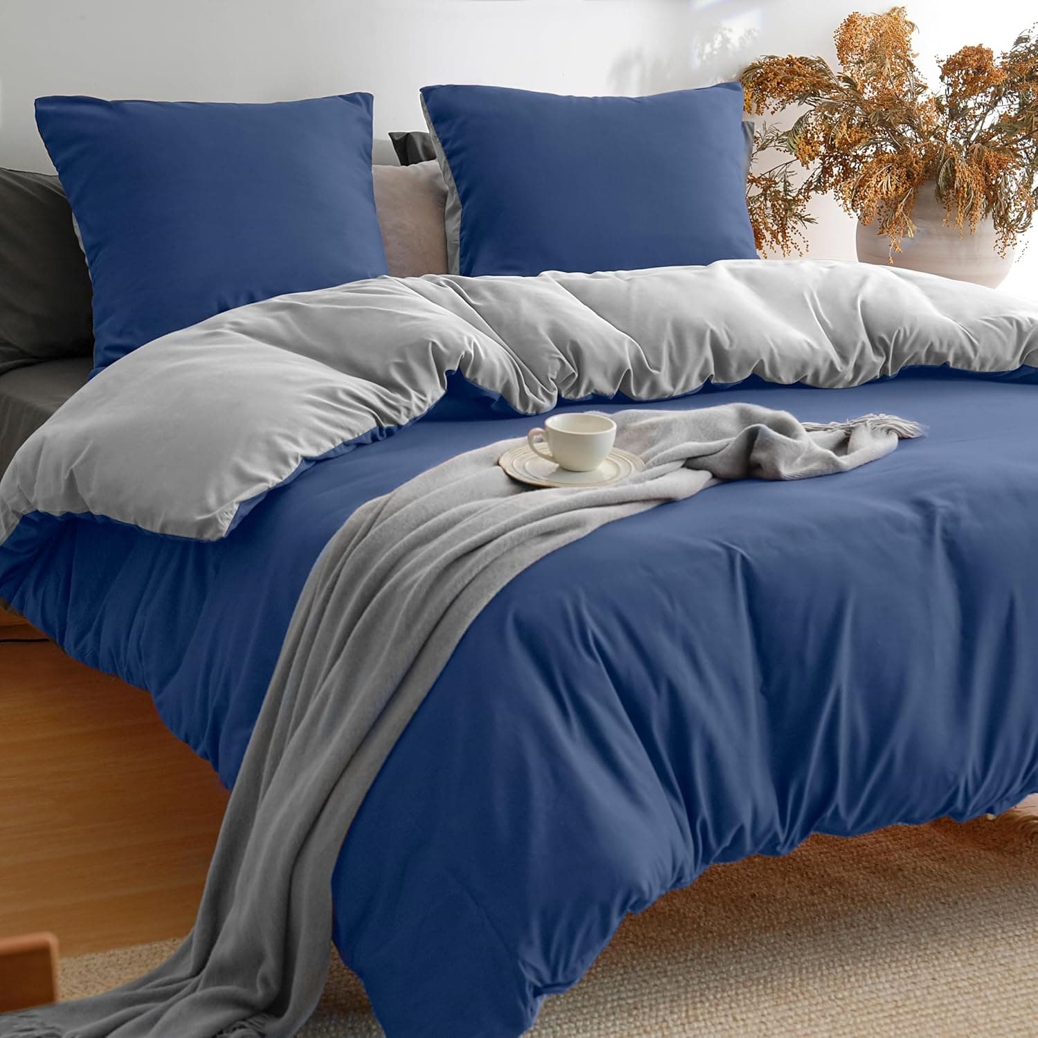 Parure de Lit Réversible avec Fermeture éclair Microfibre 220x240 cm Marine + Gris et 2 Taies d'oreiller 65x65 cm Housse de Couette Adulte 3