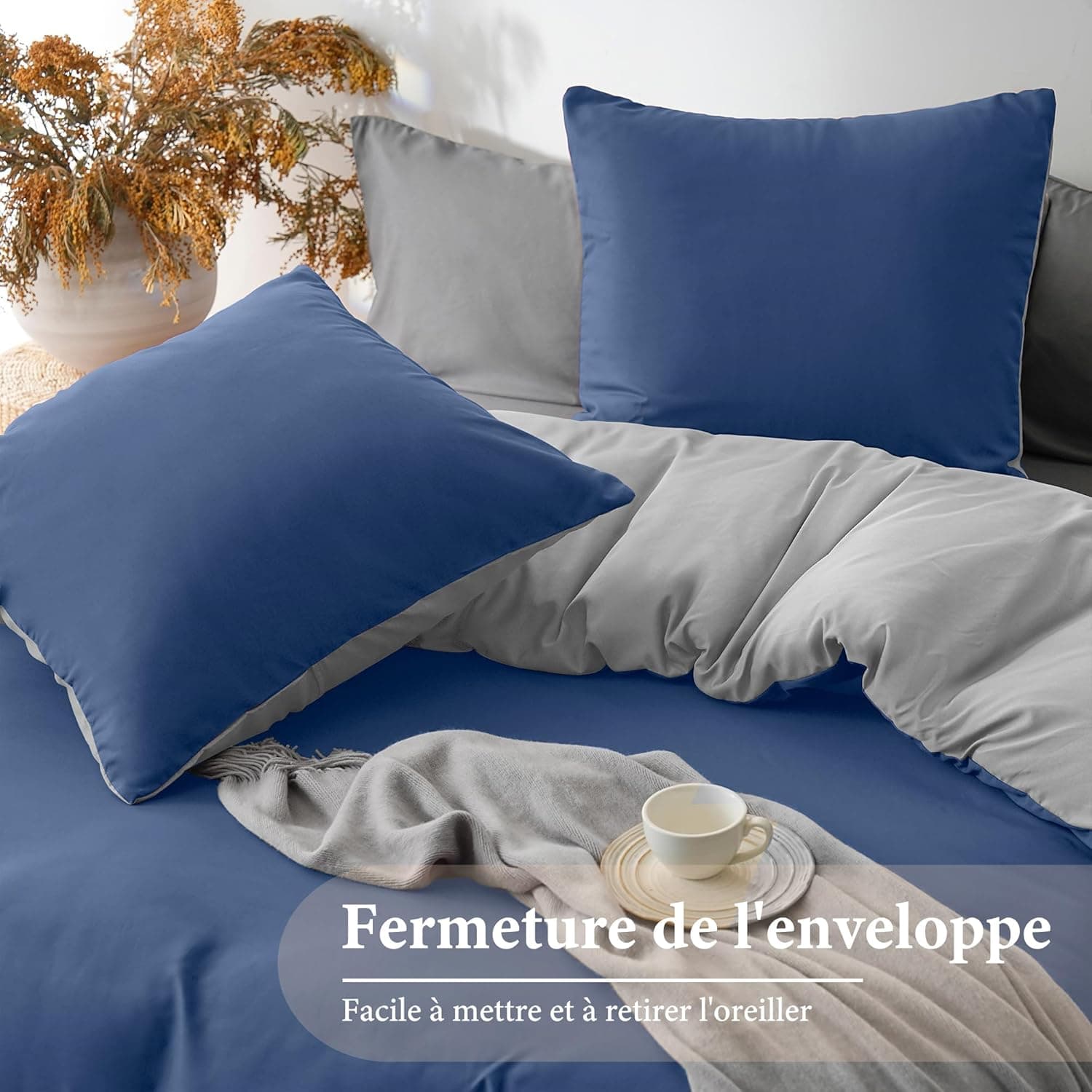 Parure de Lit Réversible avec Fermeture éclair Microfibre 220x240 cm Marine + Gris et 2 Taies d'oreiller 65x65 cm Housse de Couette Adulte 5