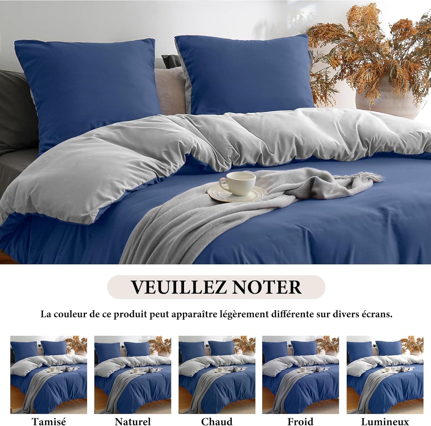Parure de Lit Réversible avec Fermeture éclair Microfibre 220x240 cm Marine + Gris et 2 Taies d'oreiller 65x65 cm Housse de Couette Adulte 6