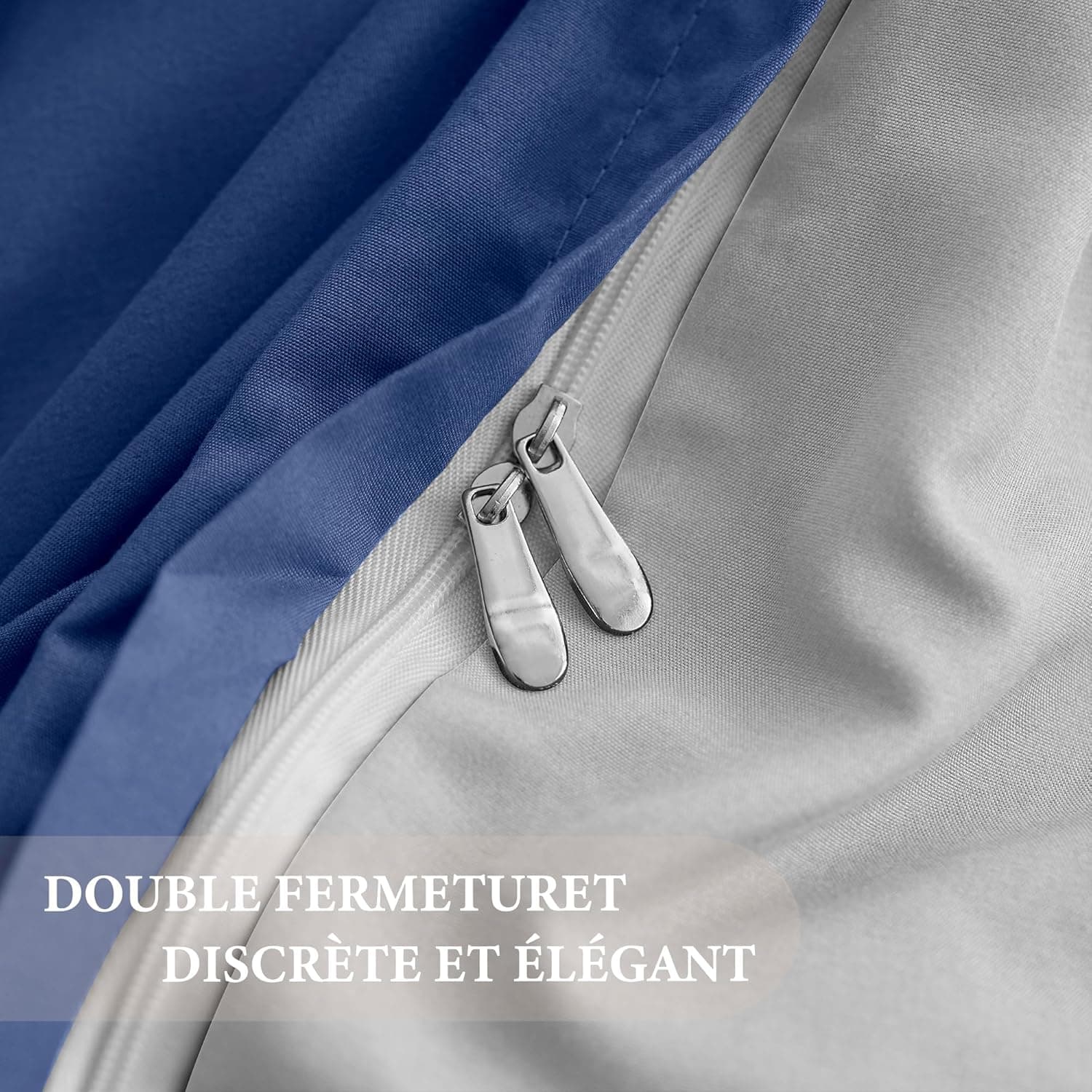 Parure de Lit Réversible avec Fermeture éclair Microfibre 220x240 cm Marine + Gris et 2 Taies d'oreiller 65x65 cm Housse de Couette Adulte 7