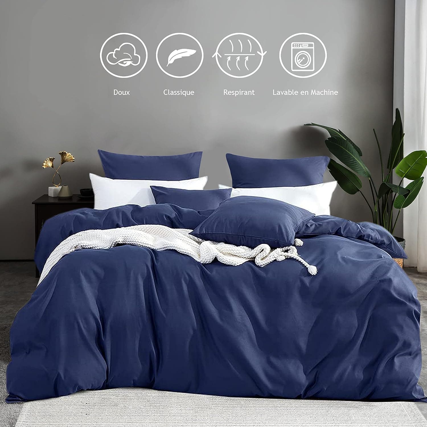 MOHAP Parure de Lit 4 Pièces Housse de Couette 200x200cm + Drap Housse 160x200cm avec 2 taies d'oreillers 65x65cm Bleu pour 2 Personnes Parure 100 Fils/cm² en Microfibre 2