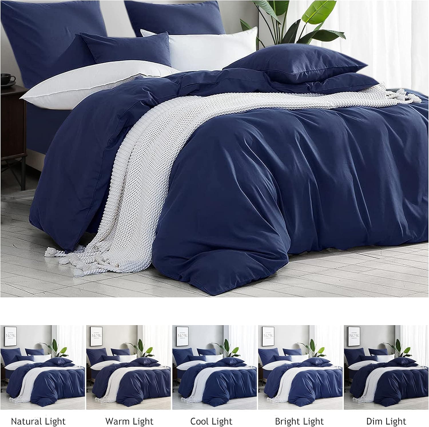 MOHAP Parure de Lit 4 Pièces Housse de Couette 200x200cm + Drap Housse 160x200cm avec 2 taies d'oreillers 65x65cm Bleu pour 2 Personnes Parure 100 Fils/cm² en Microfibre 4
