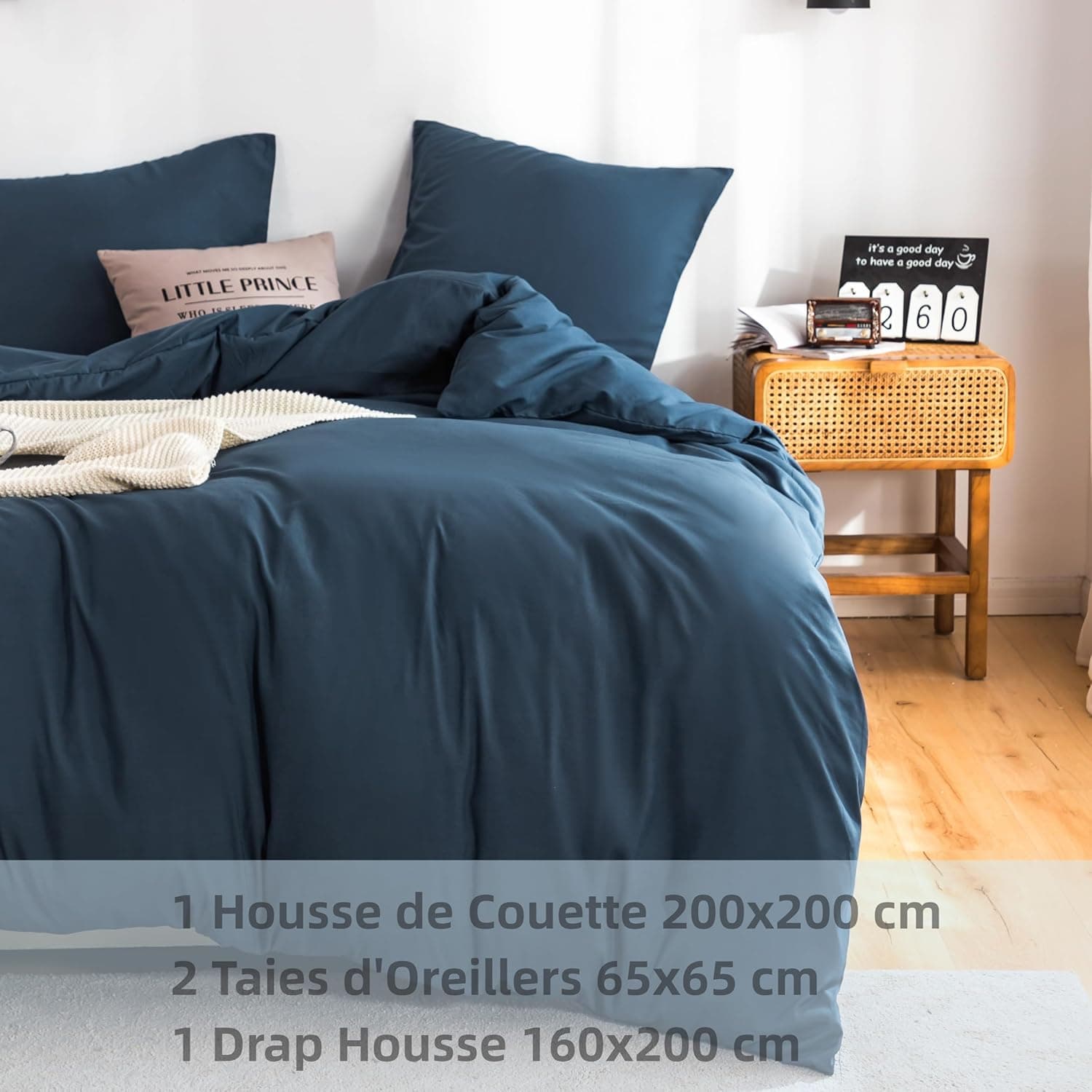 MOHAP Parure de Lit 4 Pièces Housse de Couette 200x200cm + Drap Housse 160x200cm avec 2 taies d'oreillers 65x65cm Bleu pour 2 Personnes Parure 100 Fils/cm² en Microfibre 7