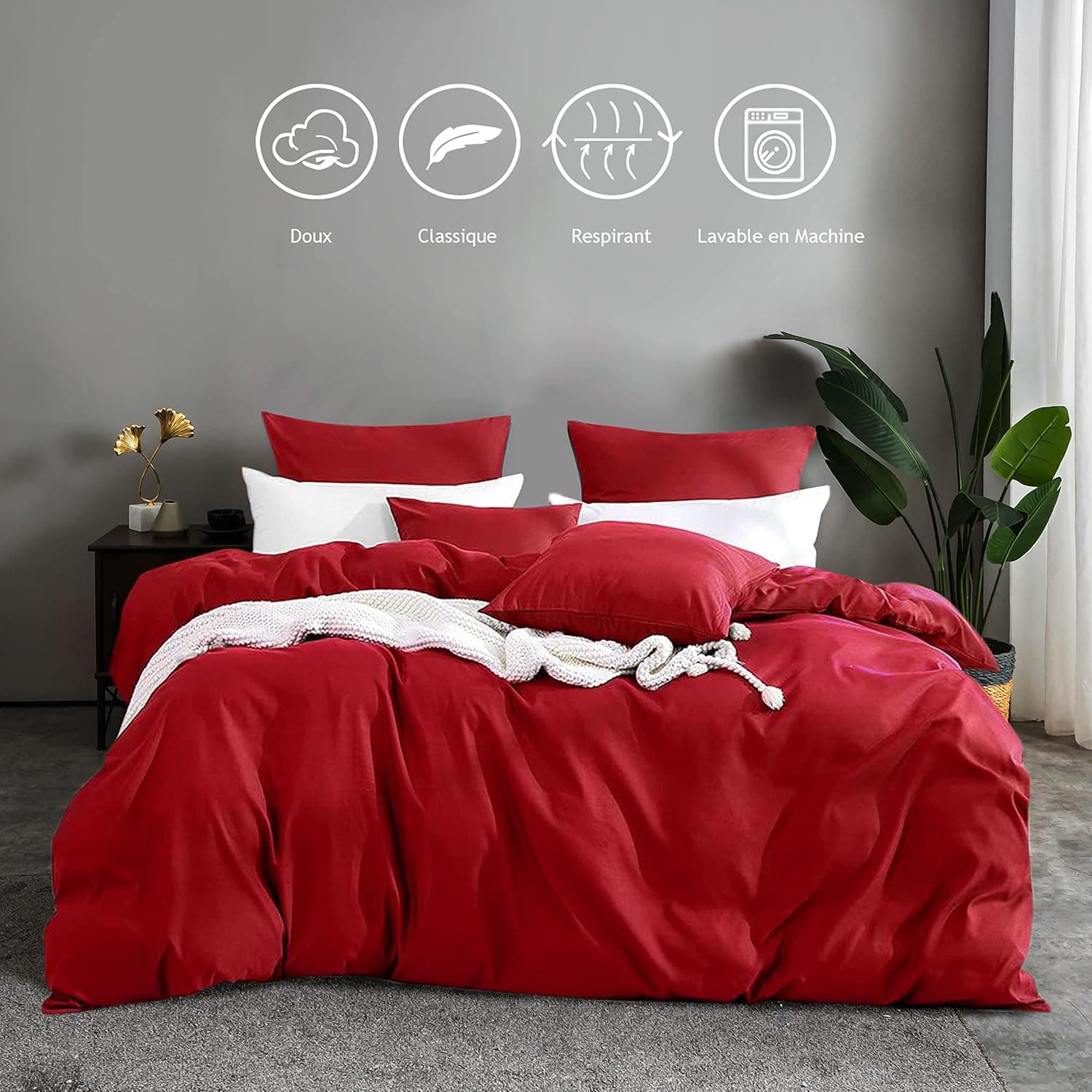 MOHAP Parure de Lit 4 Pièces Housse de Couette 220x240cm + Drap Housse 140x190/200cm avec 2 taies d'oreillers 65x65cm Rouge pour 2 Personnes Parure 100 Fils/cm² en Microfibre 2