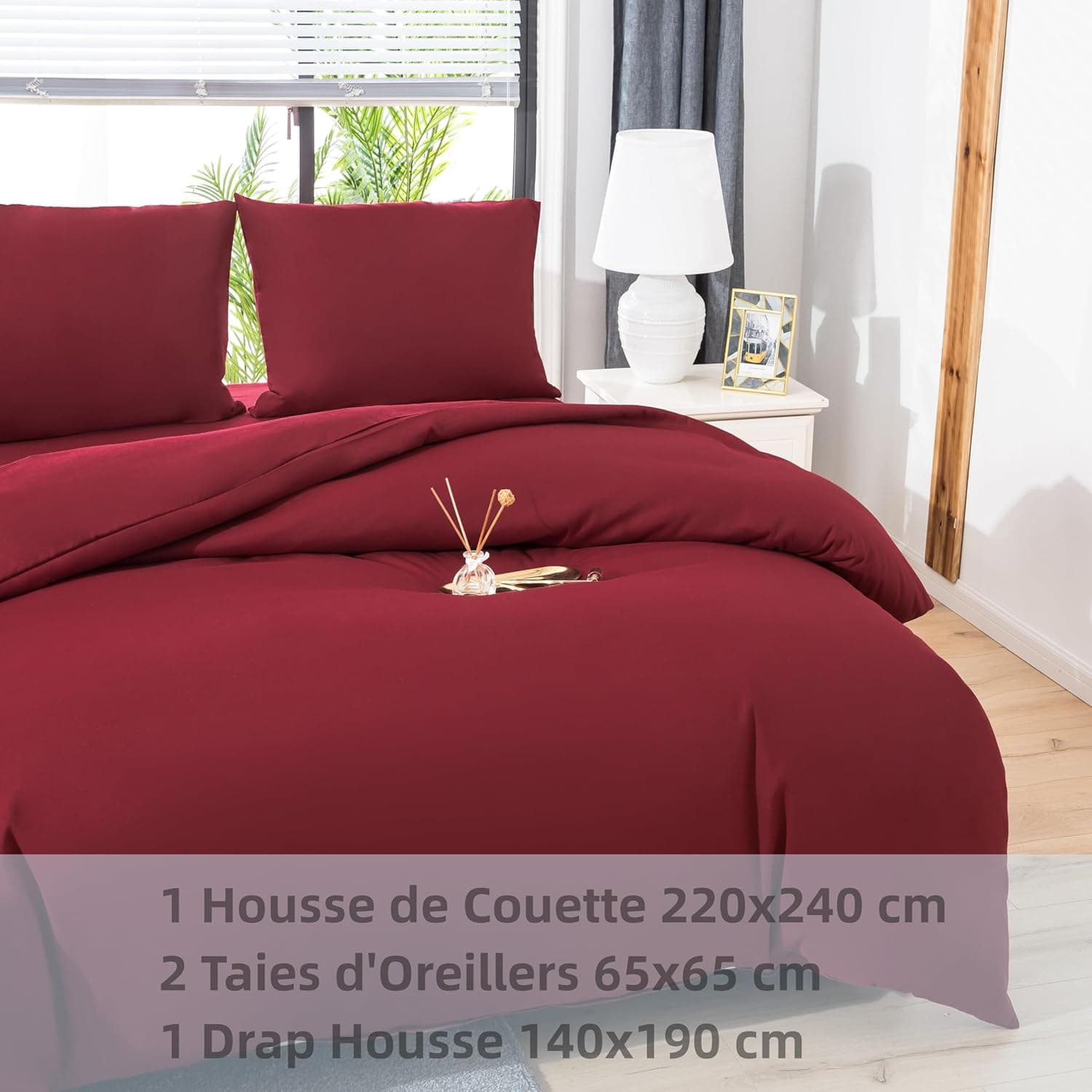 MOHAP Parure de Lit 4 Pièces Housse de Couette 220x240cm + Drap Housse 140x190/200cm avec 2 taies d'oreillers 65x65cm Rouge pour 2 Personnes Parure 100 Fils/cm² en Microfibre 7
