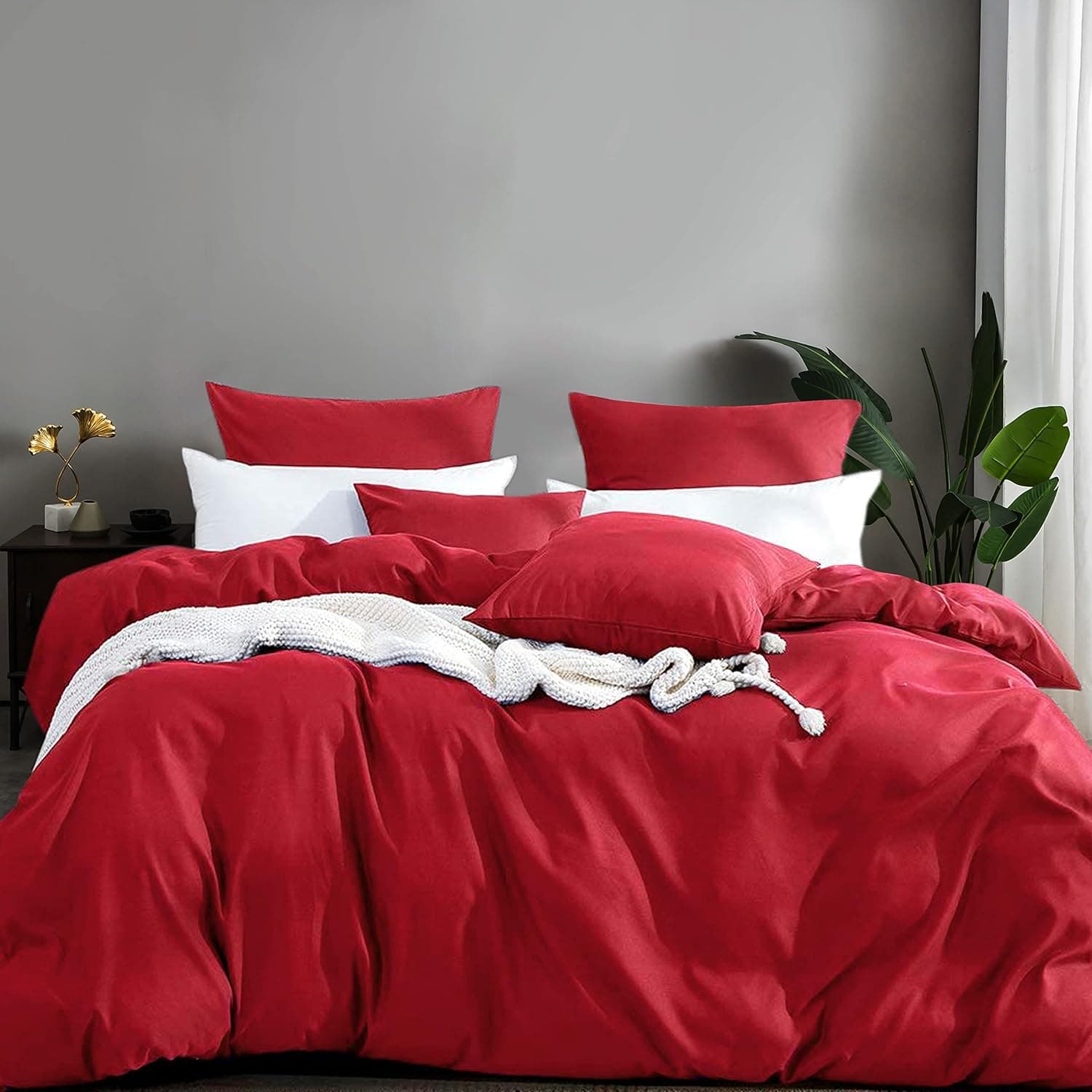 MOHAP Parure de Lit 4 Pièces Housse de Couette 220x240cm + Drap Housse 180x200cm avec 2 taies d'oreillers 65x65cm Rouge pour 2 Personnes Parure 100 Fils/cm² en Microfibre