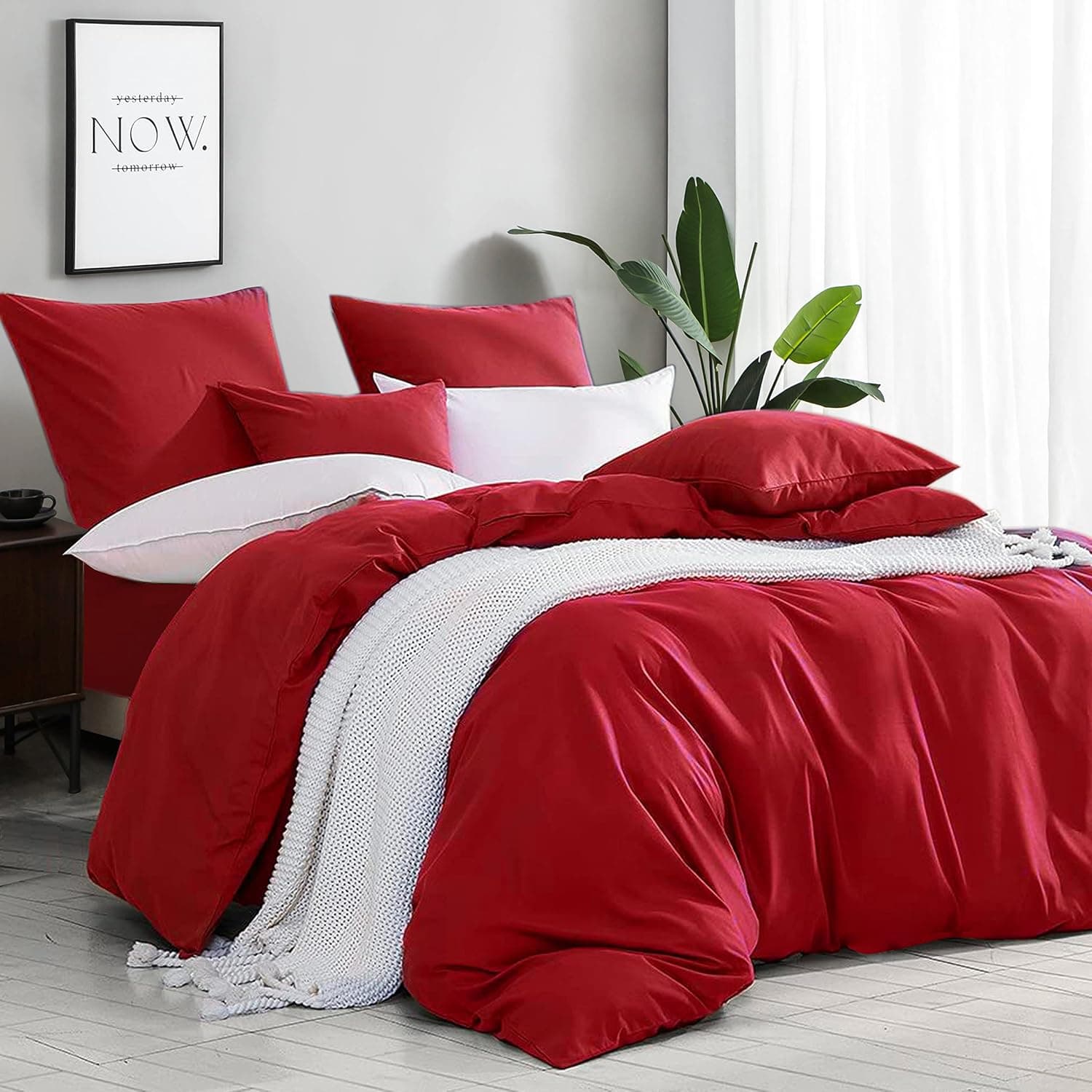 MOHAP Parure de Lit 4 Pièces Housse de Couette 220x240cm + Drap Housse 180x200cm avec 2 taies d'oreillers 65x65cm Rouge pour 2 Personnes Parure 100 Fils/cm² en Microfibre 3