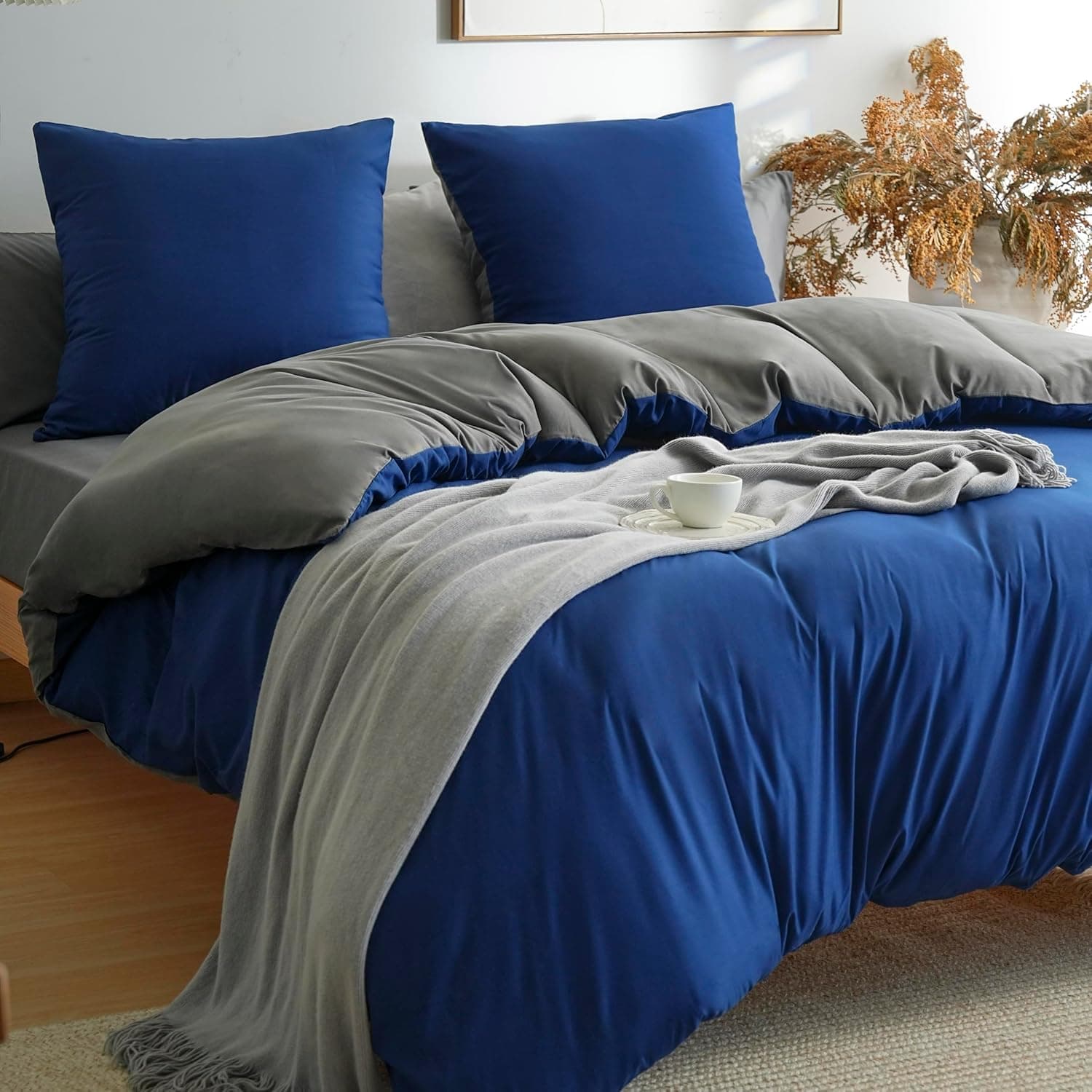 MOHAP Parure de Lit Réversible avec Fermeture éclair Microfibre 240x260 cm Bleu + Gris Foncé et 2 Taies d'oreiller 65x65 cm Housse de Couette Adulte 3