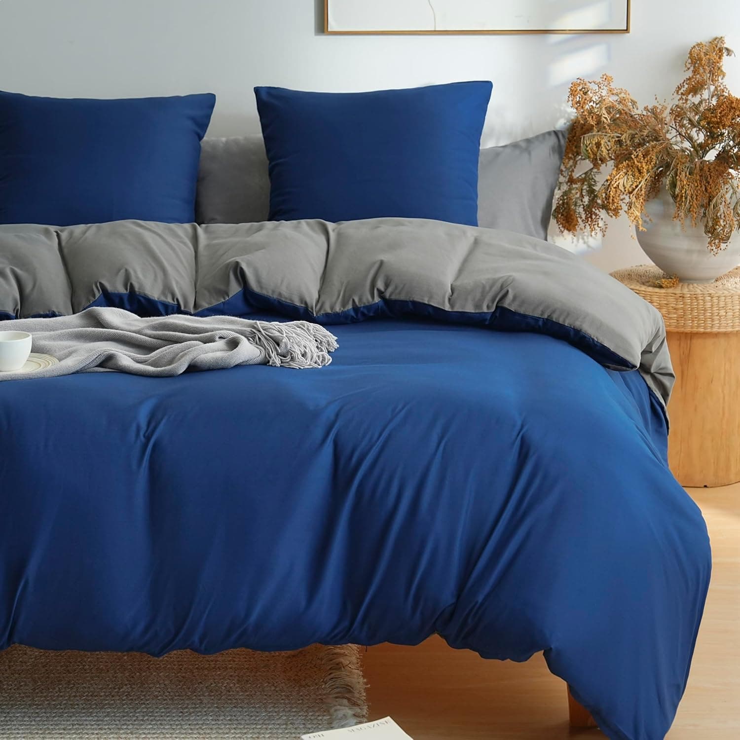 MOHAP Parure de Lit Réversible avec Fermeture éclair Microfibre 240x260 cm Bleu + Gris Foncé et 2 Taies d'oreiller 65x65 cm Housse de Couette Adulte 4