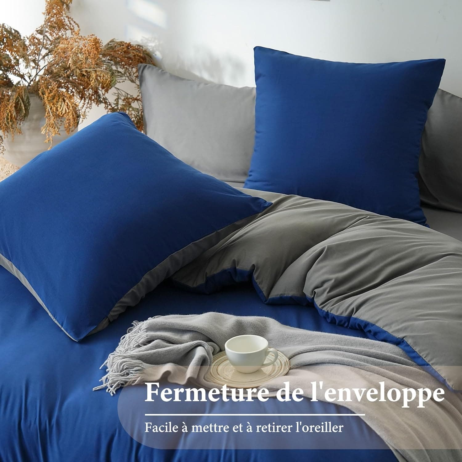 MOHAP Parure de Lit Réversible avec Fermeture éclair Microfibre 240x260 cm Bleu + Gris Foncé et 2 Taies d'oreiller 65x65 cm Housse de Couette Adulte 5