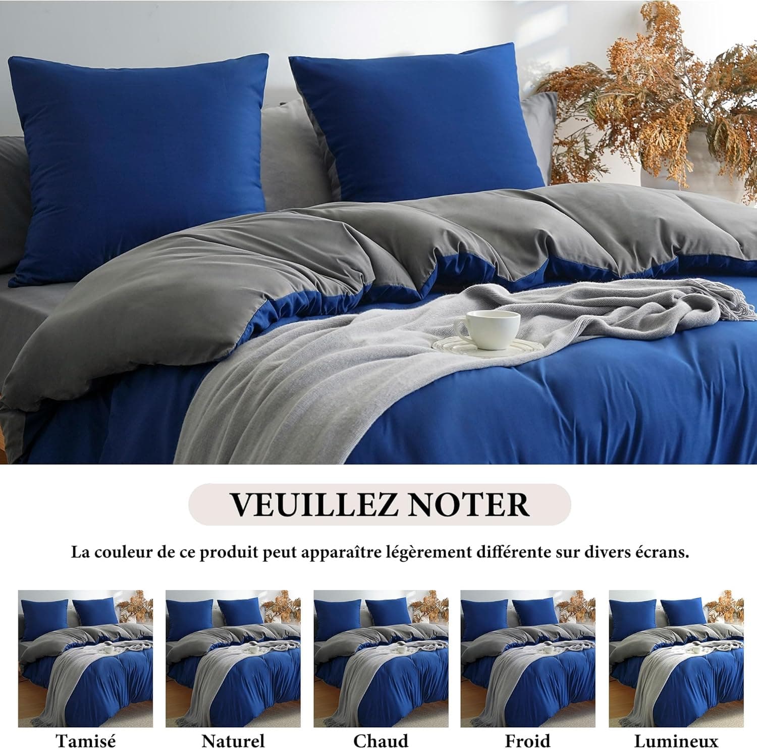 MOHAP Parure de Lit Réversible avec Fermeture éclair Microfibre 240x260 cm Bleu + Gris Foncé et 2 Taies d'oreiller 65x65 cm Housse de Couette Adulte 6