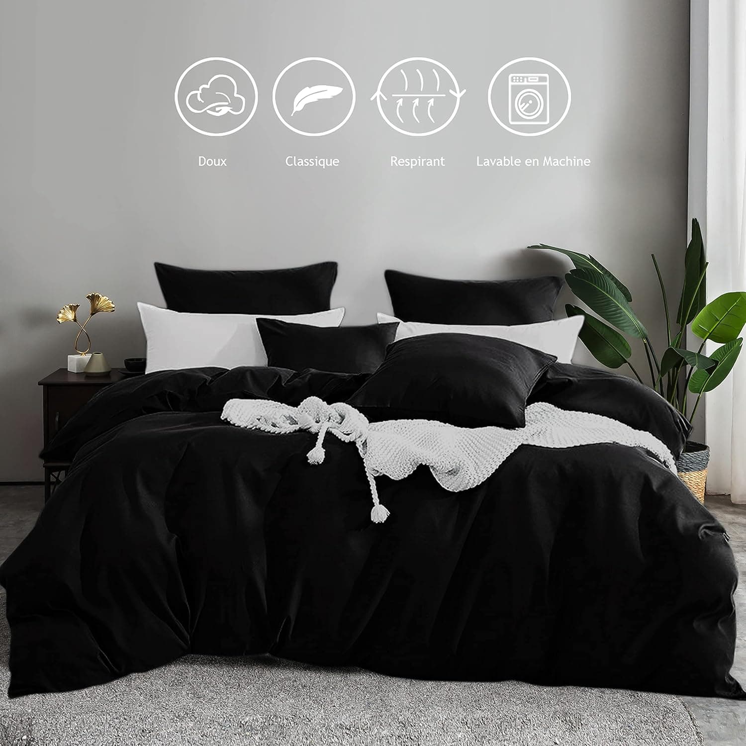 MOHAP Parure de Lit 4 Pièces Housse de Couette 220x240cm + Drap Housse 180x200cm avec 2 taies d'oreillers 65x65cm Noir pour 2 Personnes Parure 100 Fils/cm² en Microfibre 2
