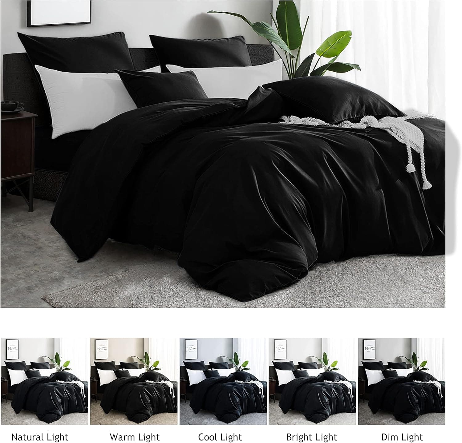 MOHAP Parure de Lit 4 Pièces Housse de Couette 220x240cm + Drap Housse 180x200cm avec 2 taies d'oreillers 65x65cm Noir pour 2 Personnes Parure 100 Fils/cm² en Microfibre 4