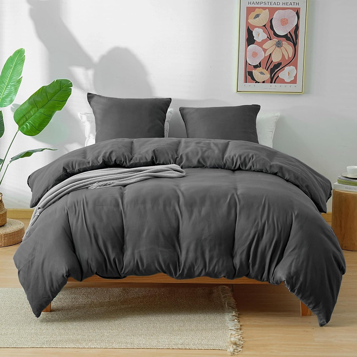 MOHAP Parure de Lit 4 Pièces Housse de Couette 220x240cm + Drap Housse 180x200cm avec 2 taies d'oreillers 65x65cm Noir pour 2 Personnes Parure 100 Fils/cm² en Microfibre 8