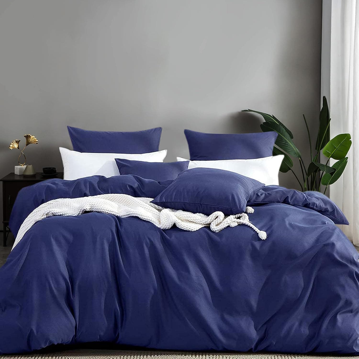 MOHAP Parure de Lit 4 Pièces Housse de Couette 220x240cm + Drap Housse 160x200cm avec 2 taies d'oreillers 65x65cm Bleu pour 2 Personnes Parure 100 Fils/cm² en Microfibre