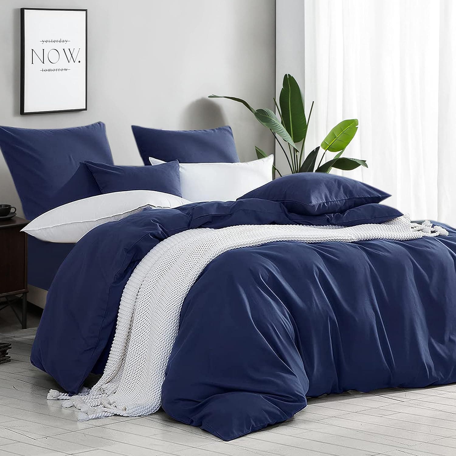 MOHAP Parure de Lit 4 Pièces Housse de Couette 220x240cm + Drap Housse 160x200cm avec 2 taies d'oreillers 65x65cm Bleu pour 2 Personnes Parure 100 Fils/cm² en Microfibre 3