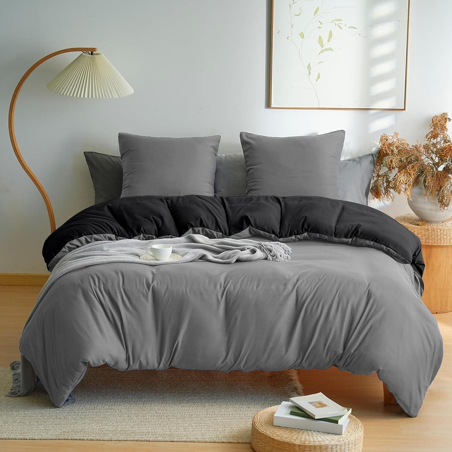 MOHAP Parure de Lit Réversible avec Fermeture éclair Microfibre 240x260 cm Noir + Gris Foncé et 2 Taies d'oreiller 65x65 cm Housse de Couette Adulte